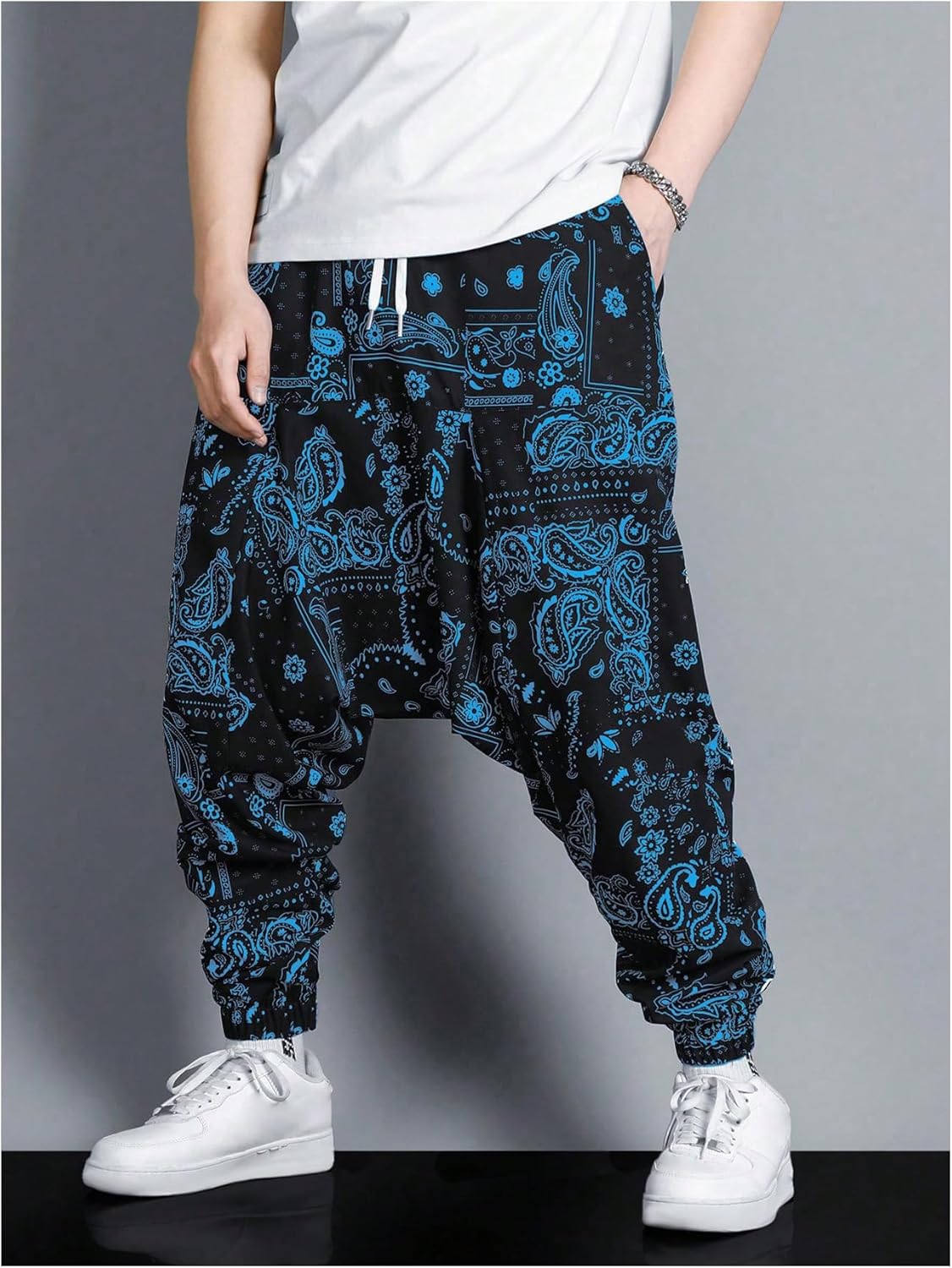 Men's Color Block Patchwork Baggy Harem Pants Drawstring Elastic Waist Hippie Pants with Pockets Streetwear - Image 4