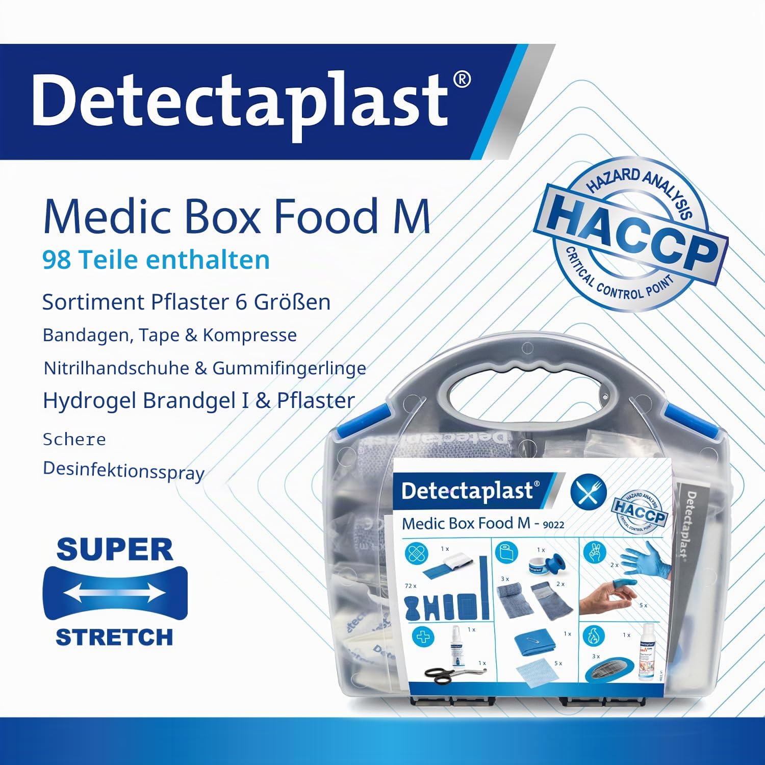 Detectaplast Verbandskasten für die Gastronomie, Erste Hilfe Set für die Behandlung von Wunden, tragbare Reiseapotheke im Koffer mit Pflaster, Verband, Tape, 99 Teile