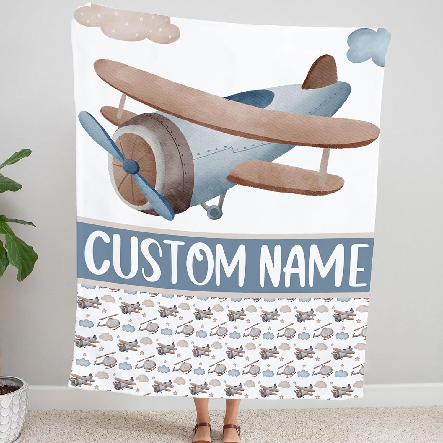 Personalized Airplane Pattern Baby Blanket, Airplane Pattern Baby Nursery Bedding Blanket, Airplane Pattern Blanket, Airplane Bedding Crib Decor for Baby Shower, 1st Christmas