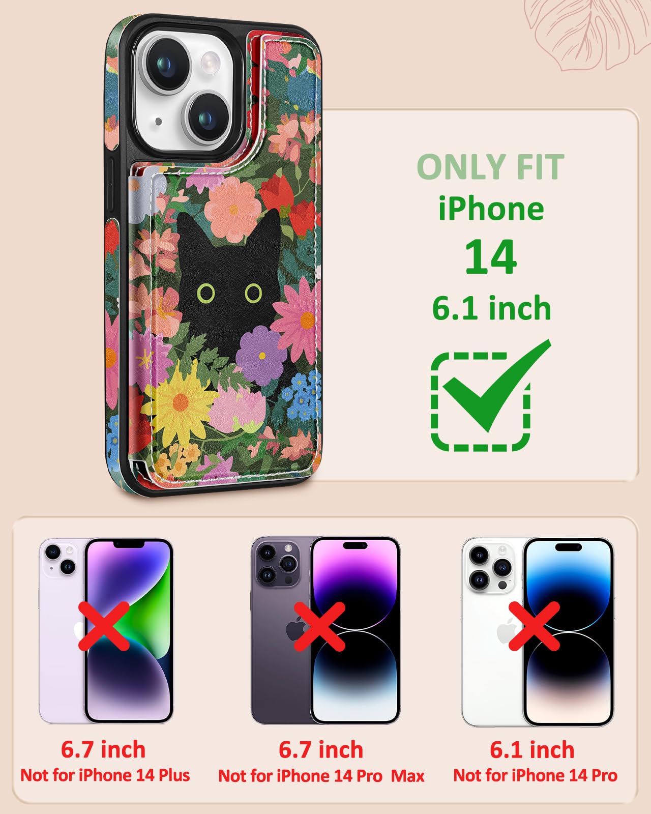 Shorogyt for iPhone 14 Wallet Case with Card Holder, Designer Floral Cat Pattern Kickstand Magnetic Clasp Back Flip Folio Leather Phone Cases for iPhone 14 for Women Men Girls