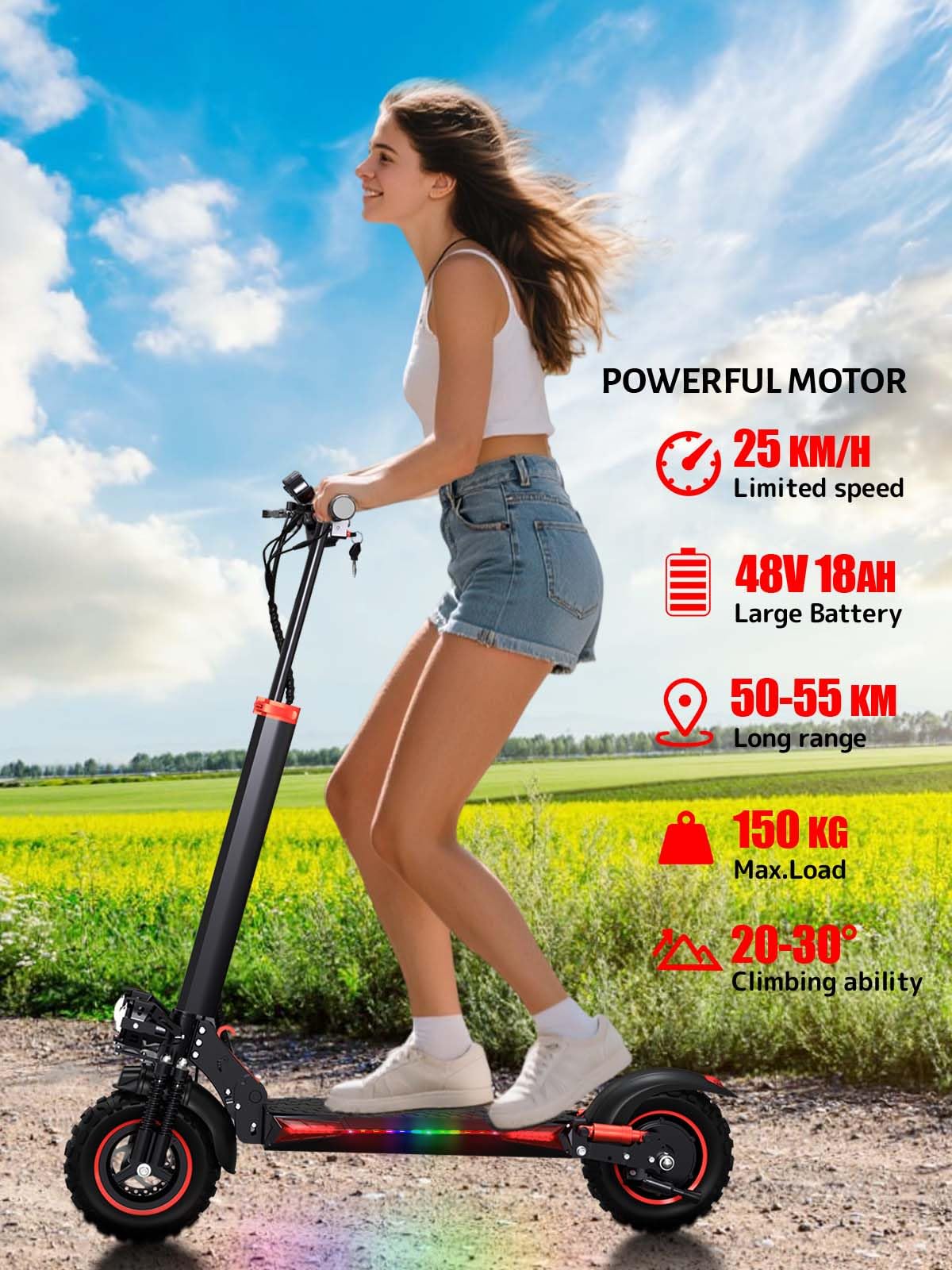11" Monopattino Elettrico Adulto Scooter - 48V 18Ah 45-55KM di Autonomia monopattino elettrico adulti Off road monopattino elettrico Pieghevole e Smorzamento Della Molla Carico Massimo 150KG