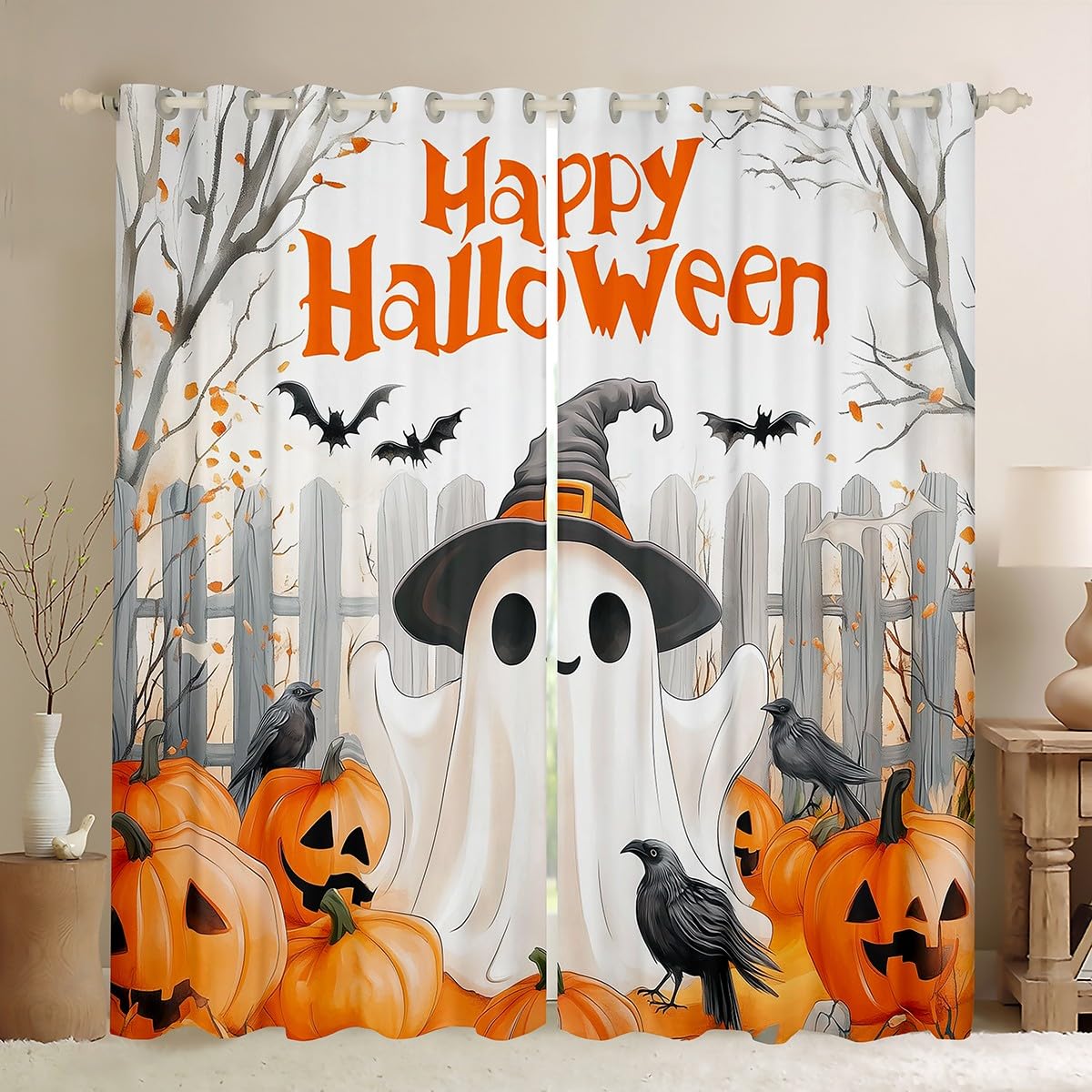 Manfei Happy Halloween Window Drapes,Lovely Ghost Pumpkin Crow Blackout Curtain,Bat Cartoon Animal Festival Nursery Bedroom Playroom Decor,Orange White 2 Panels,46Wx72L inch