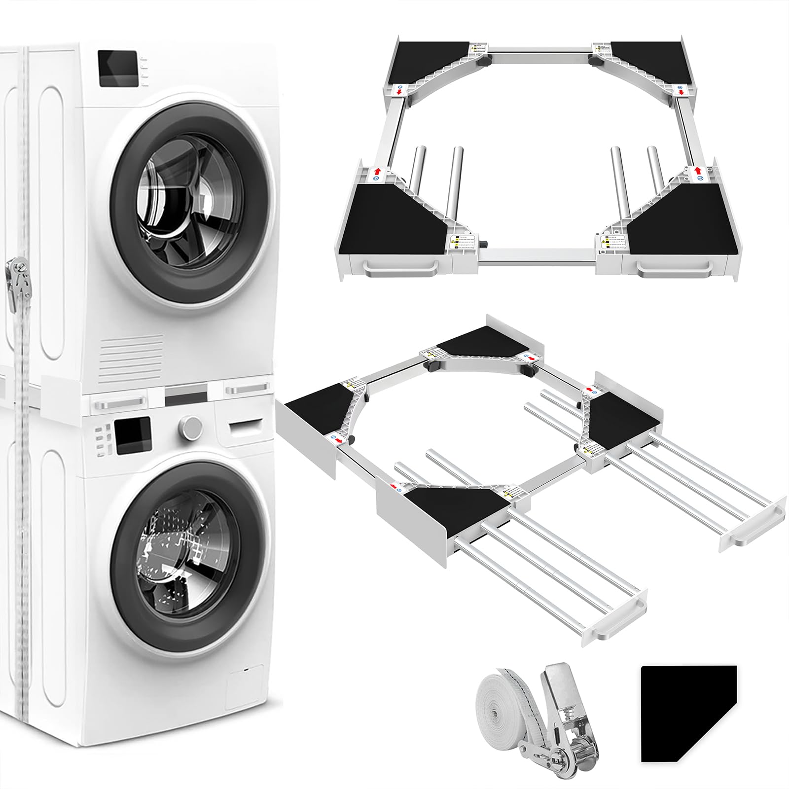 NIUXX Kit sovrapposizione lavatrice asciugatrice, con 6 aste telescopiche, Telaio Intermedio Universale per Lavatrice e Asciugatrice con Cinghie Cricchetto, misura regolabile (46-66 cm)