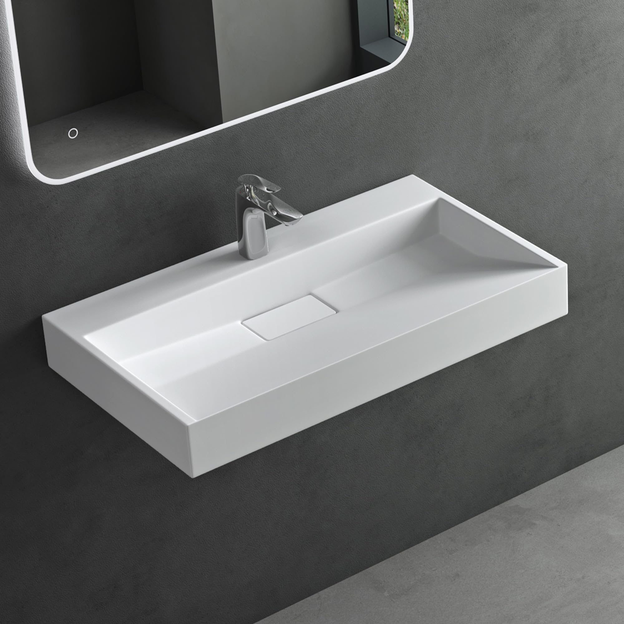 Mai & Mai Lavabo sobre Encimera Lavabo Suspendido Baño | Rectangular | Blanco Mate | Mármol Fundido | 70x46x11cm | 1 Orificio para Grifo con Válvula de Desagüe | Colossum19