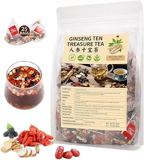25Pcs Ginseng Ten Treasures Tea, Kidney Tea Formula Ginseng Six Treasure Teas, Natural Kidney Cleanse Detox Teas for Women & Men, 10 Precious Ingredients Formula(25Bags, 300g)