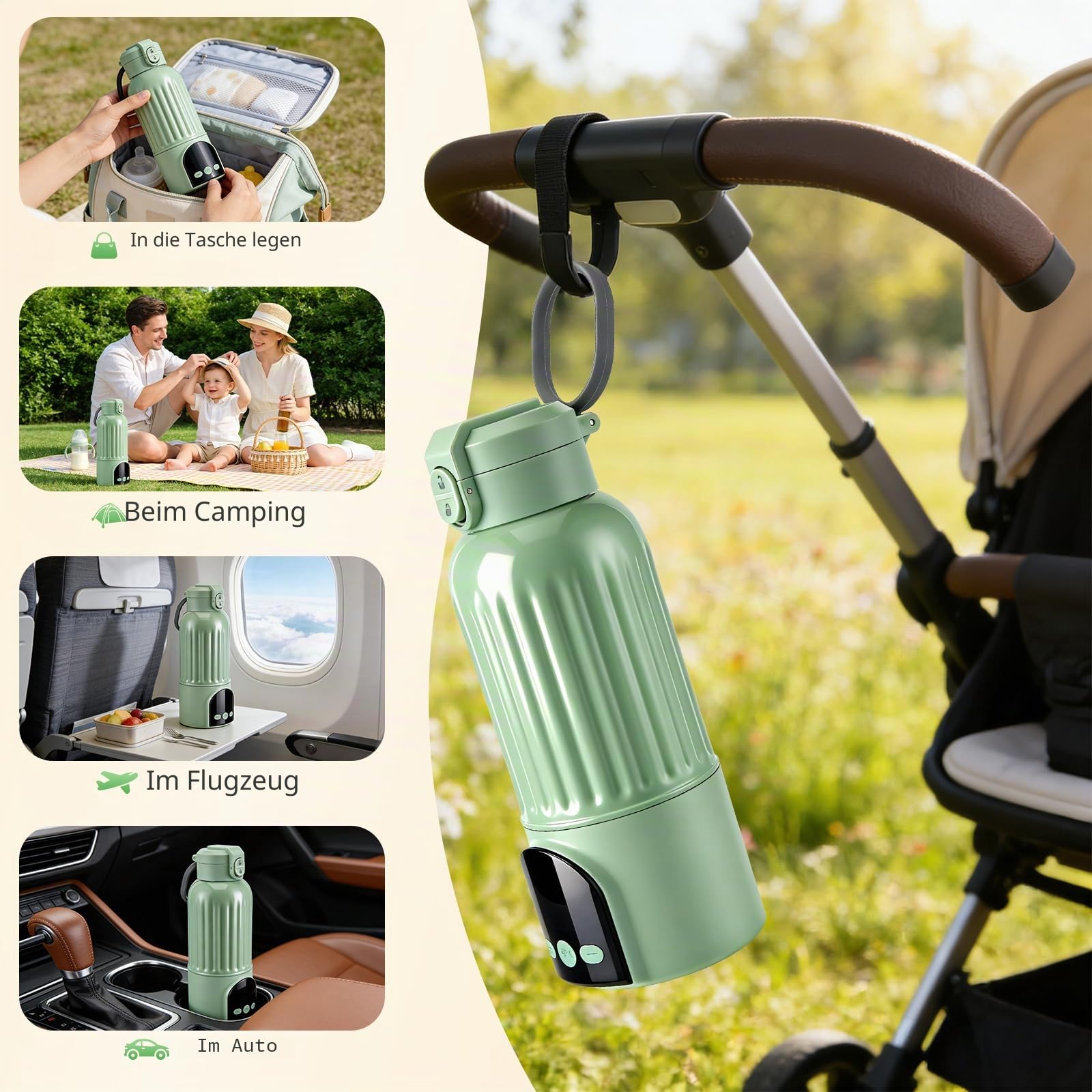 Baby Flaschenwärmer Tragbar 500ml, 18000mAh, 140W Schnelle Aufheizung & Präzise Temperaturkontrolle, Milchwärmer für Unterwegs für Muttermilch, Formula und Wasser, USB-C Aufladung, Grün