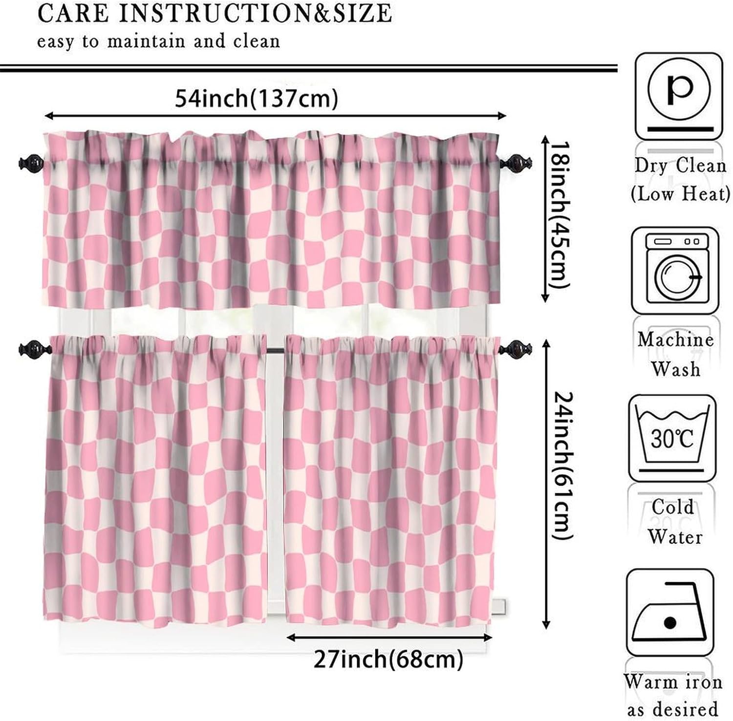 Hippie Retro 70s Curtains Boho Groovy Pink Twisted Checkered Funky Modern Geometric Windows Curtain Valance for Kitchen Dining Room Bedroom Decor One Panel 54x18 Inch + 27x24 Inch X 2