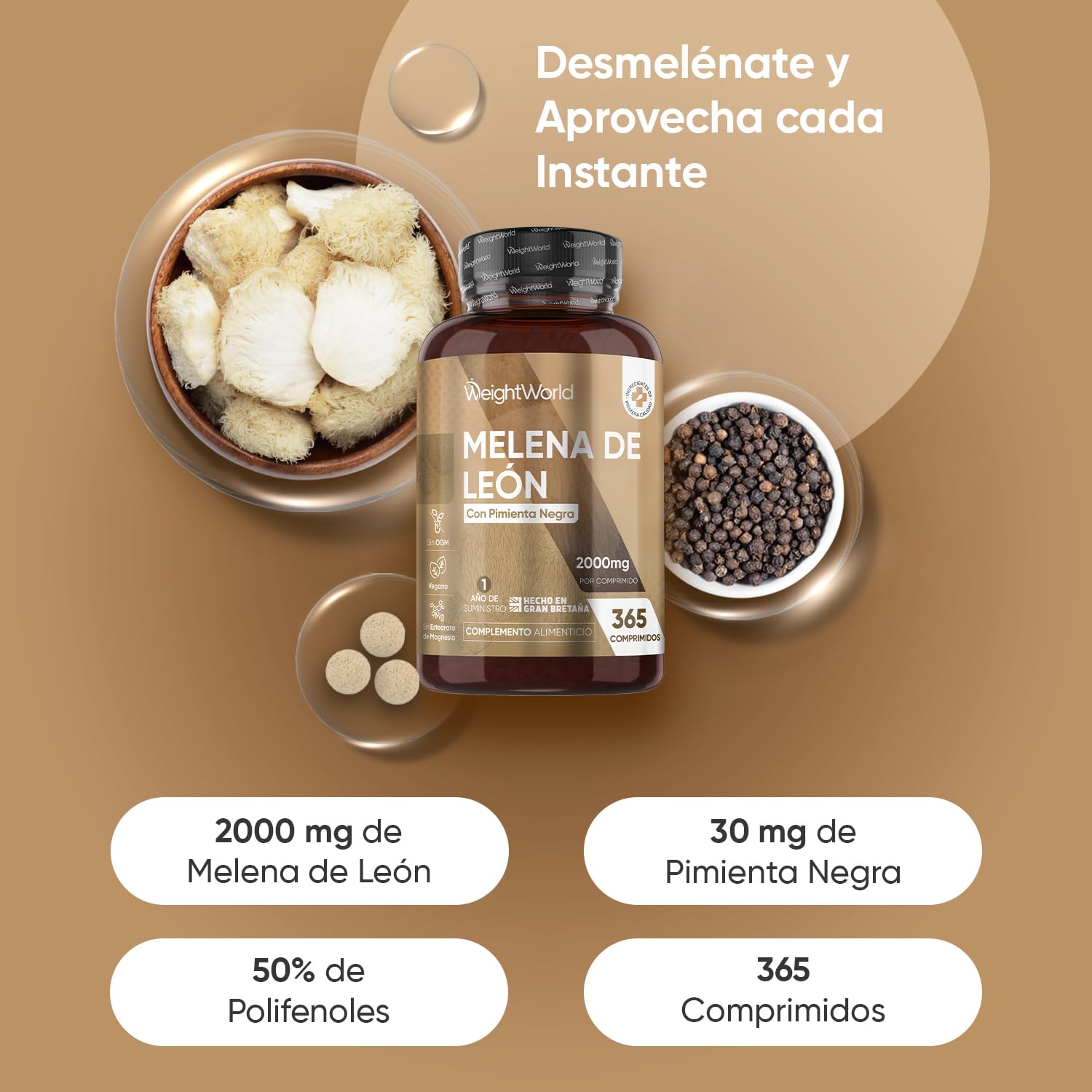 Melena de León 2000mg de Concentración 365 Comprimidos Veganos (1 Año de Suministro) - Extracto de Hongo Lions Mane o Hericium Erinaceus con Pimienta Negra, Sin OGM y Sin Gluten