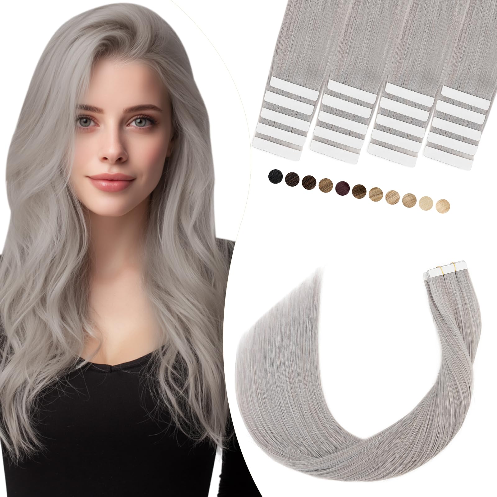 Elailite Extensiones Adhesivas Pelo Natural Gris 30g, 100% Cabello Humano sin Clip 20 Mechas Tape ins 35cm # Gris Claro