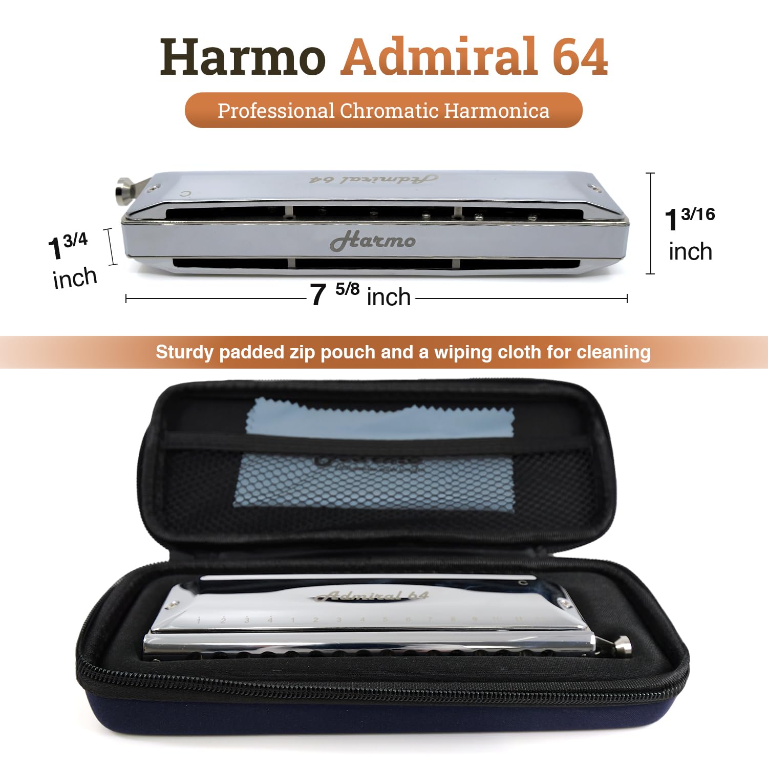 Harmo Admiral 64 Chromatic Harmonica Key of C - 16 Hole Professional Harmonica with Electro Nickel-Plated Brass Comb, Phosphor Bronze Reeds, Ideal for Pop, Jazz, Classical, Blues - Designed in USA