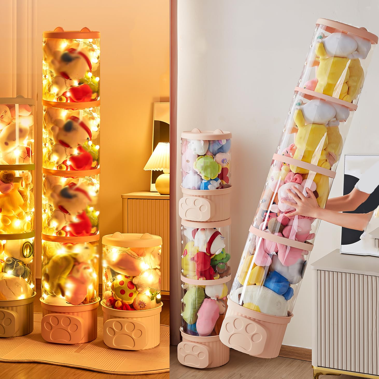 Almacenamiento transparente de animales de peluche con luz, tubo de almacenamiento de animales de peluche, bonito organizador de almacenamiento de muñecas, tubo de exhibición de animales de