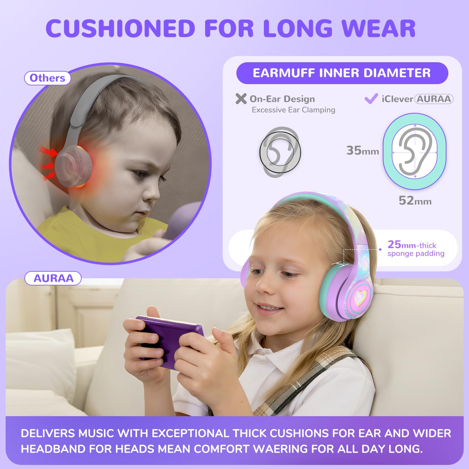 iClever Noise Cancelling Bluetooth Kopfhörer Kinder, LED-Beleuchtung, Bluetooth 6.0, Type-C-Schnellaufladung, 80dBA Sichere Lautstärke, 47 Stunden Spielzeit, Kopfhörer Kinder für Reisen iPad Tablet
