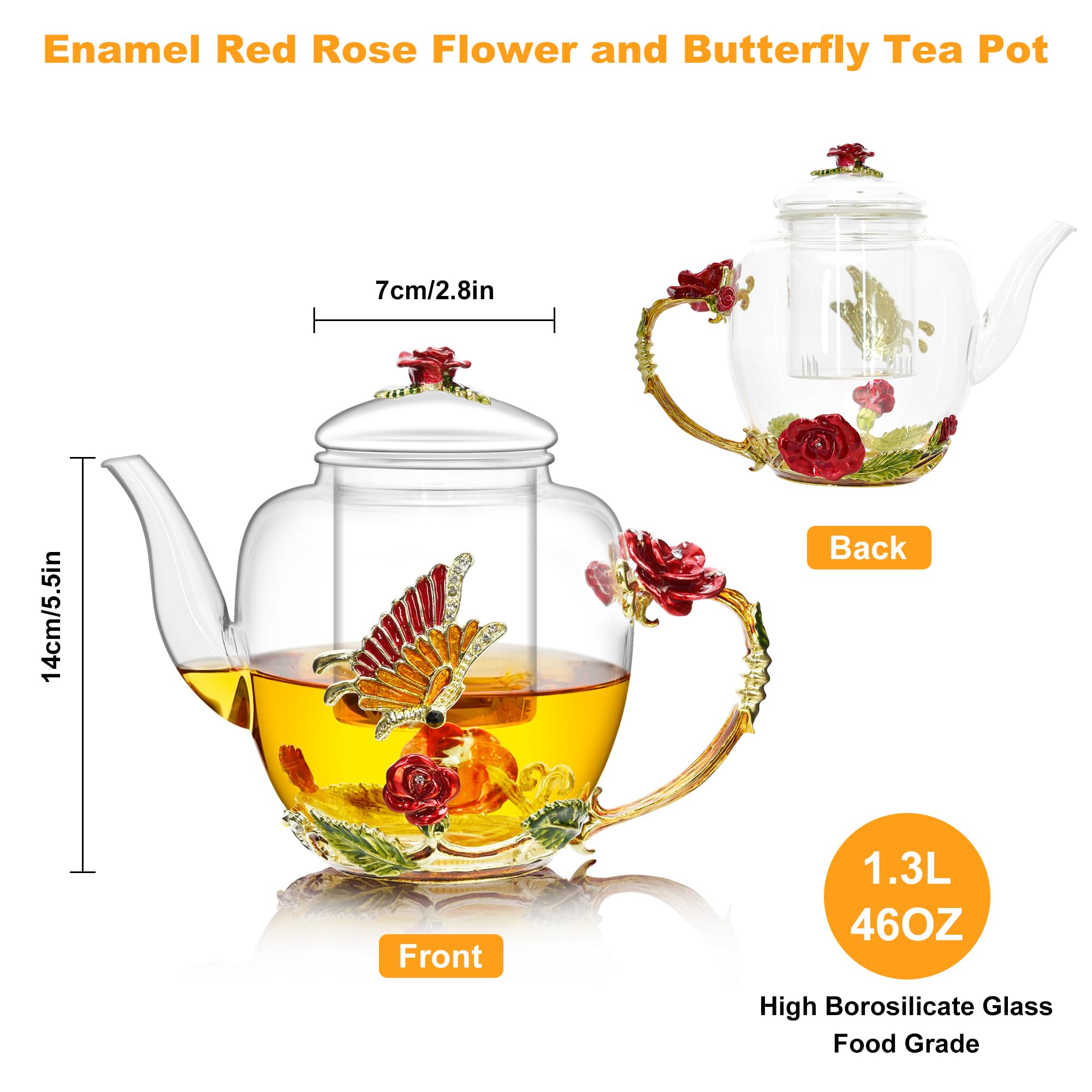 1300 ml große Emaille-Teekanne mit Teesieb, florale Glas-Teekanne mit roter Rose, Blume, Schmetterling, herausnehmbares Teesieb für blühenden Tee, losen Tee, Obsttee, Teebeutel