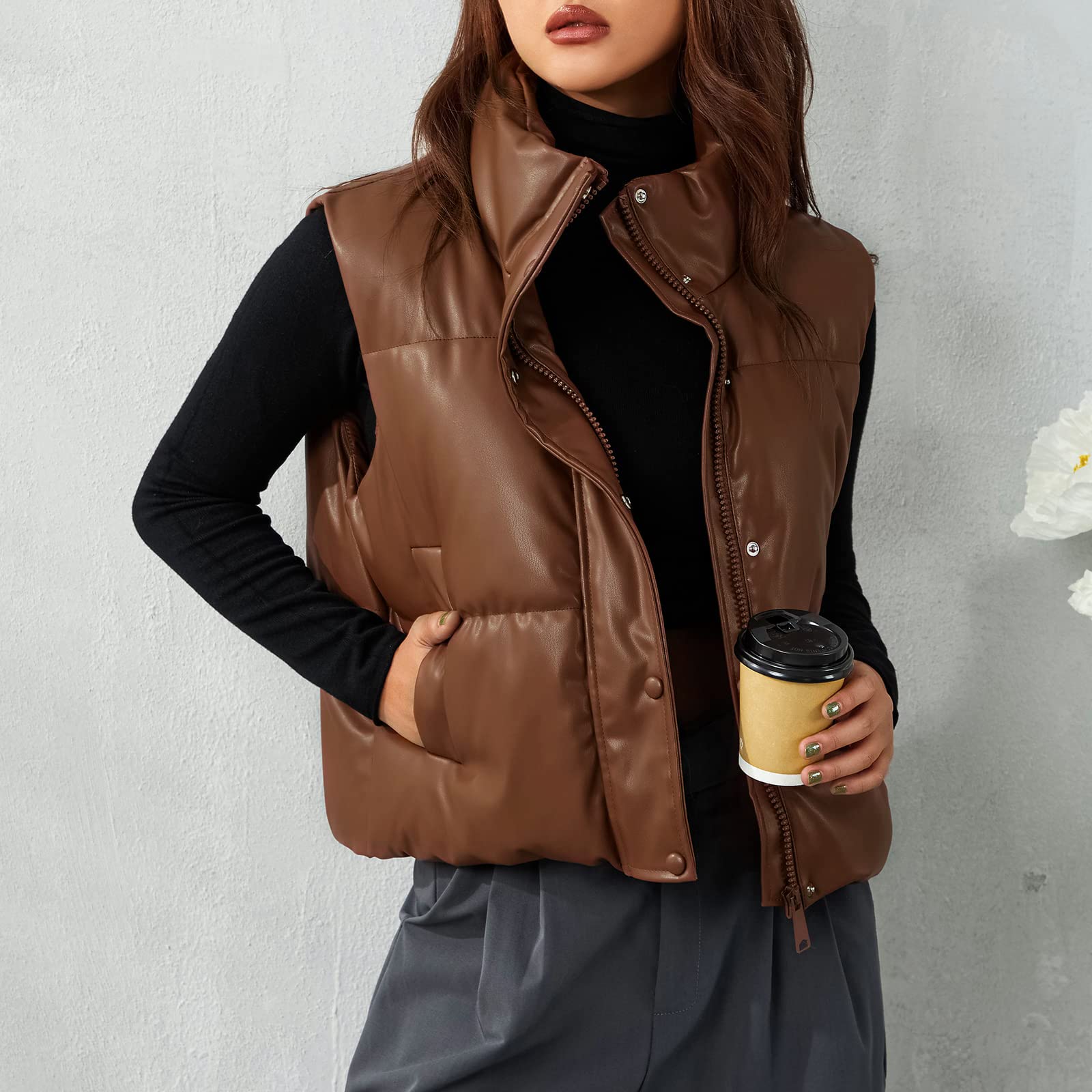 Ailoqing Womens Faux Leather Puffer Vest Zip Up Sleeveless Winter Cropped Jacket