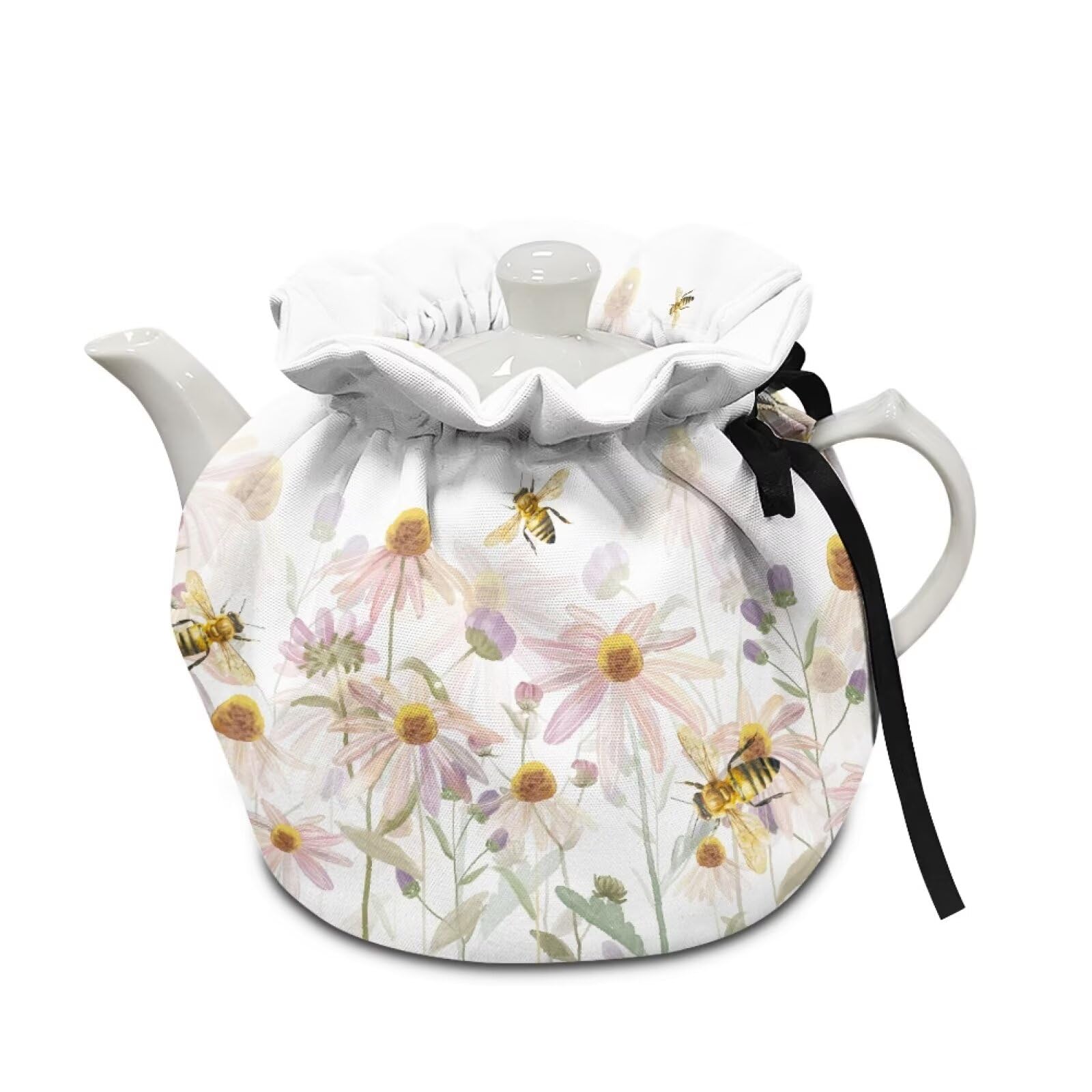 generic elegant daisy tea pot cover - cotton teapot cozy - insulation - drawstring - washable - breakfast pot cover - personalized design gifts