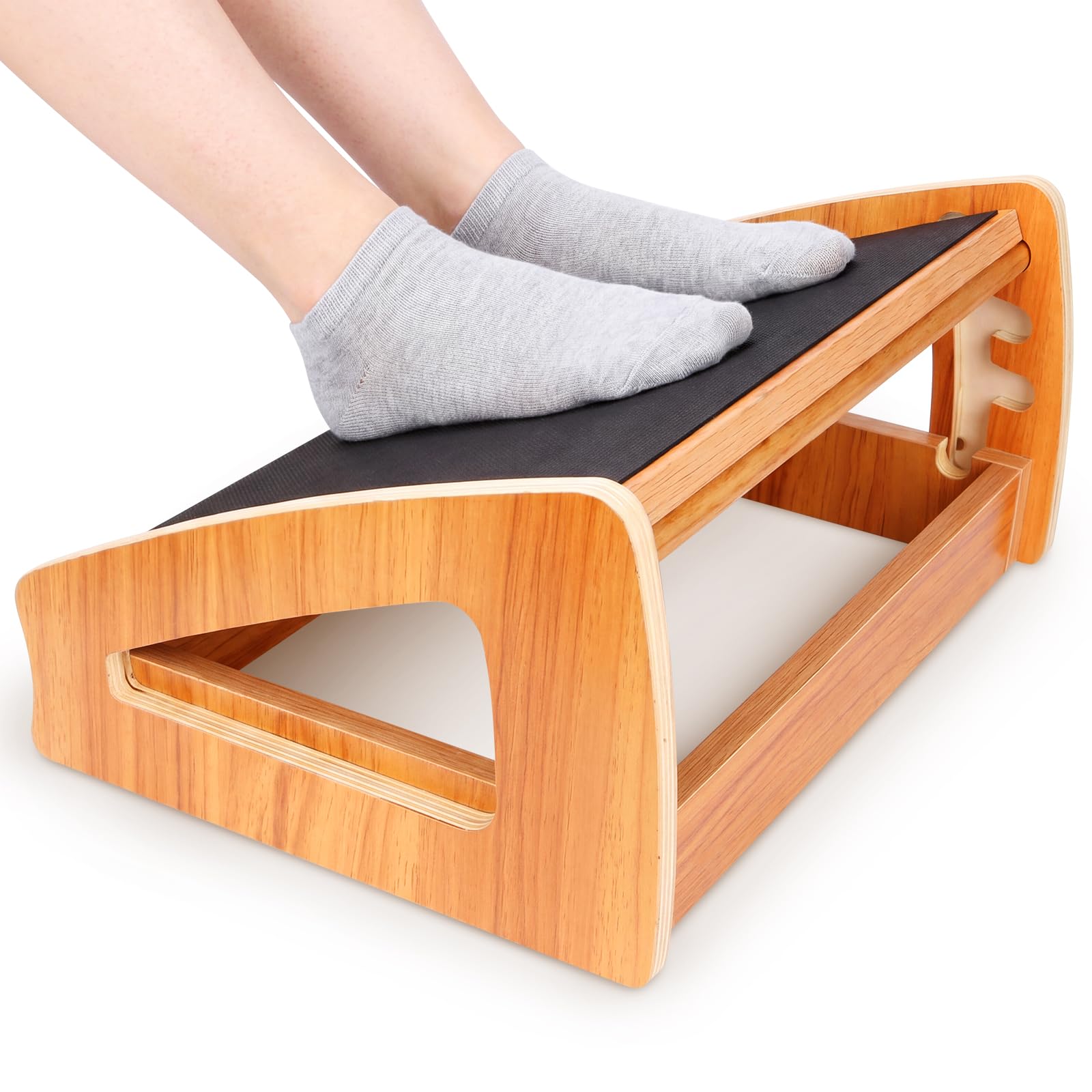 Ergonomic Under Desk Footrest, Adjustable Wooden Office Footrest with 3 Heights, Large Anti-Slip Surface, Supports Posture & Blood Circulation, Up to 400lbs, Ideal for Office & Home
