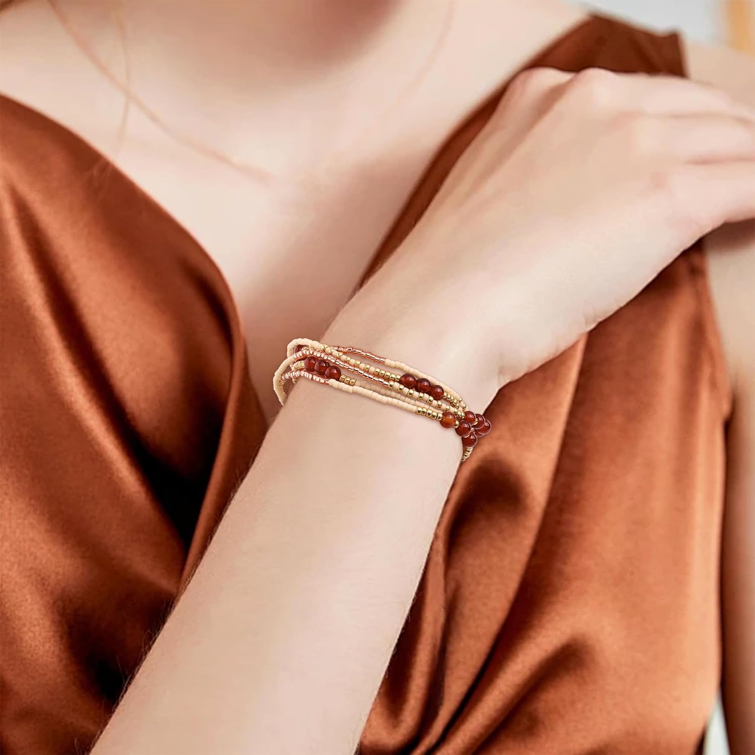 Gold Beaded Gemstone Stackable Stretch Bracelets for Women, Dainty Boho Handmade Natural Stone Red Bead Ball Layered Bracelet Summer Beach Jewelry Gift - Image 2