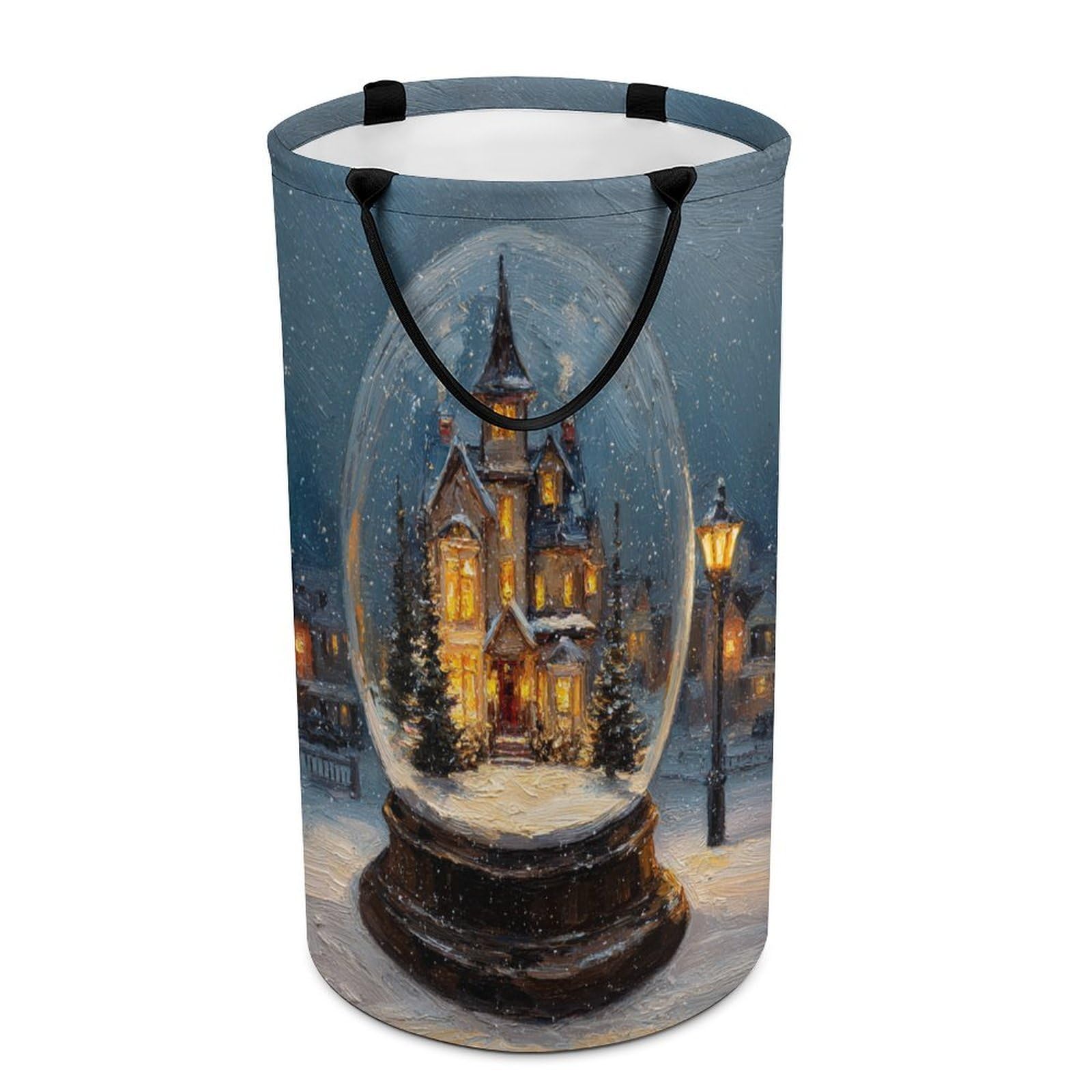 LUYYSKY Fantasy Beautiful Log Cabin Versatile Storage Laundry Basket, Modern Aesthetic Winter Landscape Snowflake Pine Trees Large Bathroom Laundry Hamper With Handle-40 CM Dia, 69 CM High