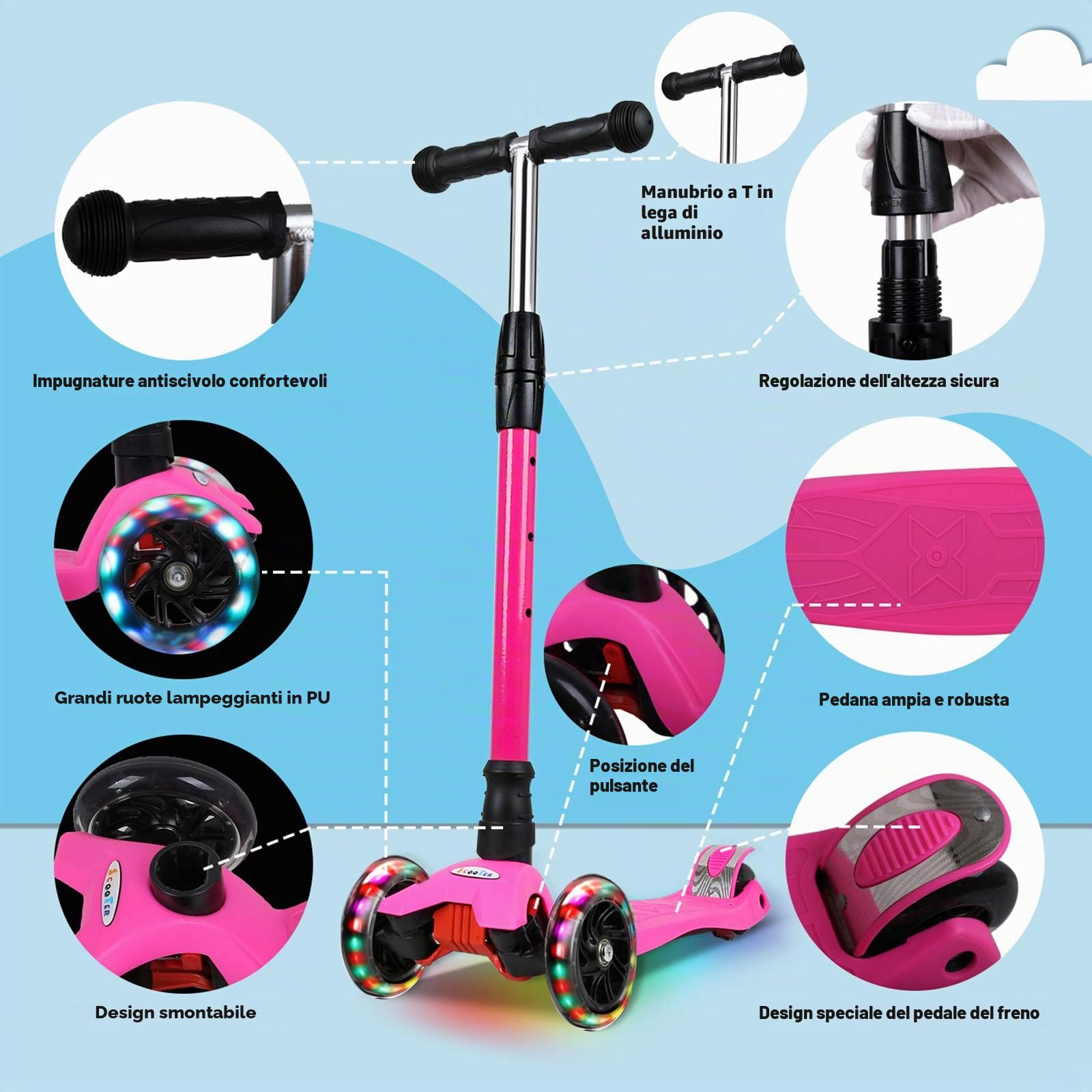 IMMEK Scooter per bambini, monopattino in poliuretano con luci a LED, scooter per bambini possono raggiungere tre altezze diverse