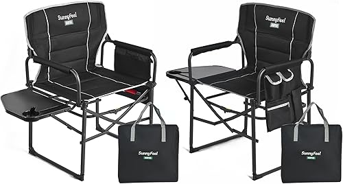 SUNNYFEEL Silla de directores de campamento de gran tamaño, paquete de 2, sillas plegables portátiles para adultos resistentes con mesa auxiliar,