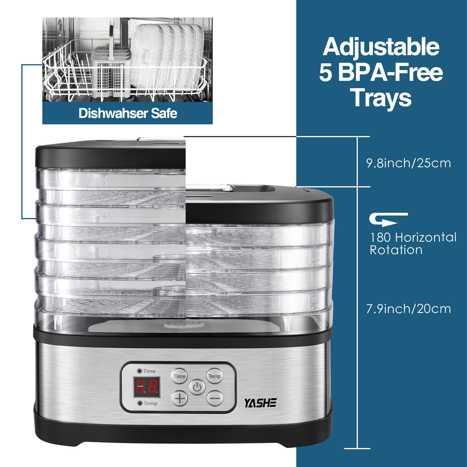 SUNTEC voedseldroger met timer – Droogoven klein & rond voor fruit vlees groenten – 5 BPA-vrije etages en 2 matten als toebehoren – Temperatuur 35-70 °C – 240 watt – FDH-8595 Dörthe Digital