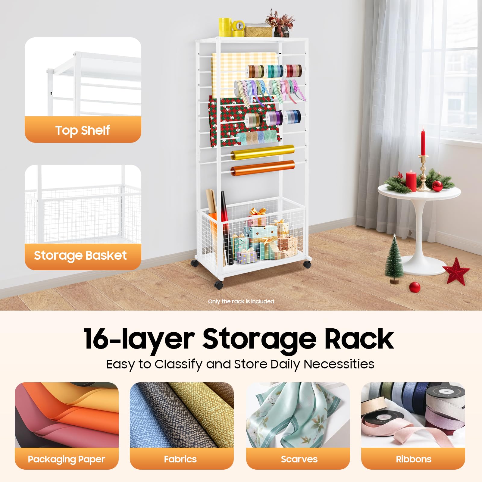 Bänder-Organizer 16 Etagen, 67×32×150 cm, mit Rollen und Bremsen – Aufbewahrungsständer für Bänder, Stoffe und Geschenkpapier, ideal für Bastelräume und Blumenläden