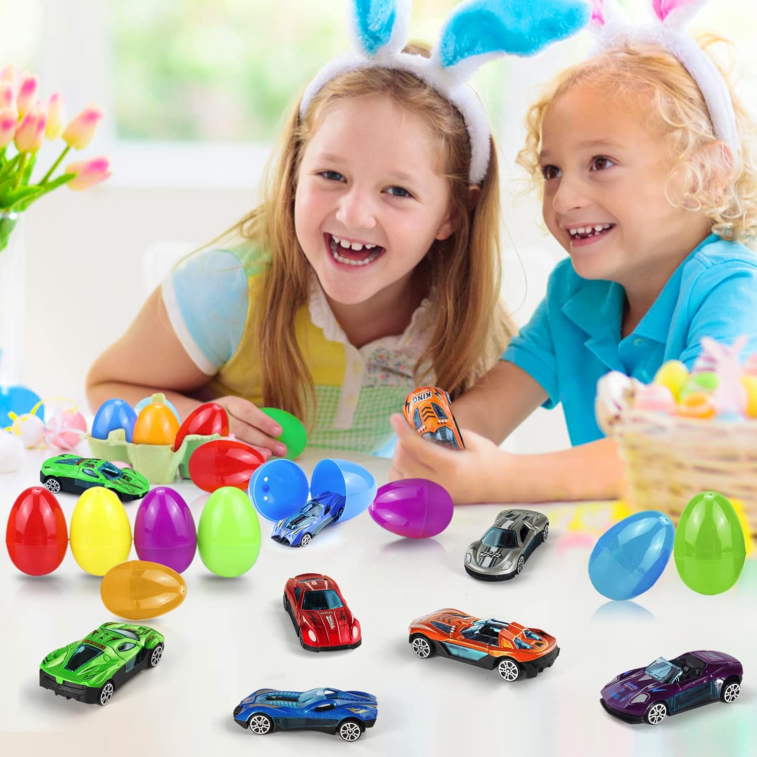 OCHIDO 12Pack Easter Eggs Filled with Die-Cast Cars, Prefilled Easter Eggs with Toys Inside for Kids Easter Basket Essentials, Easter Egg Hunting Games Party Favor Supplies