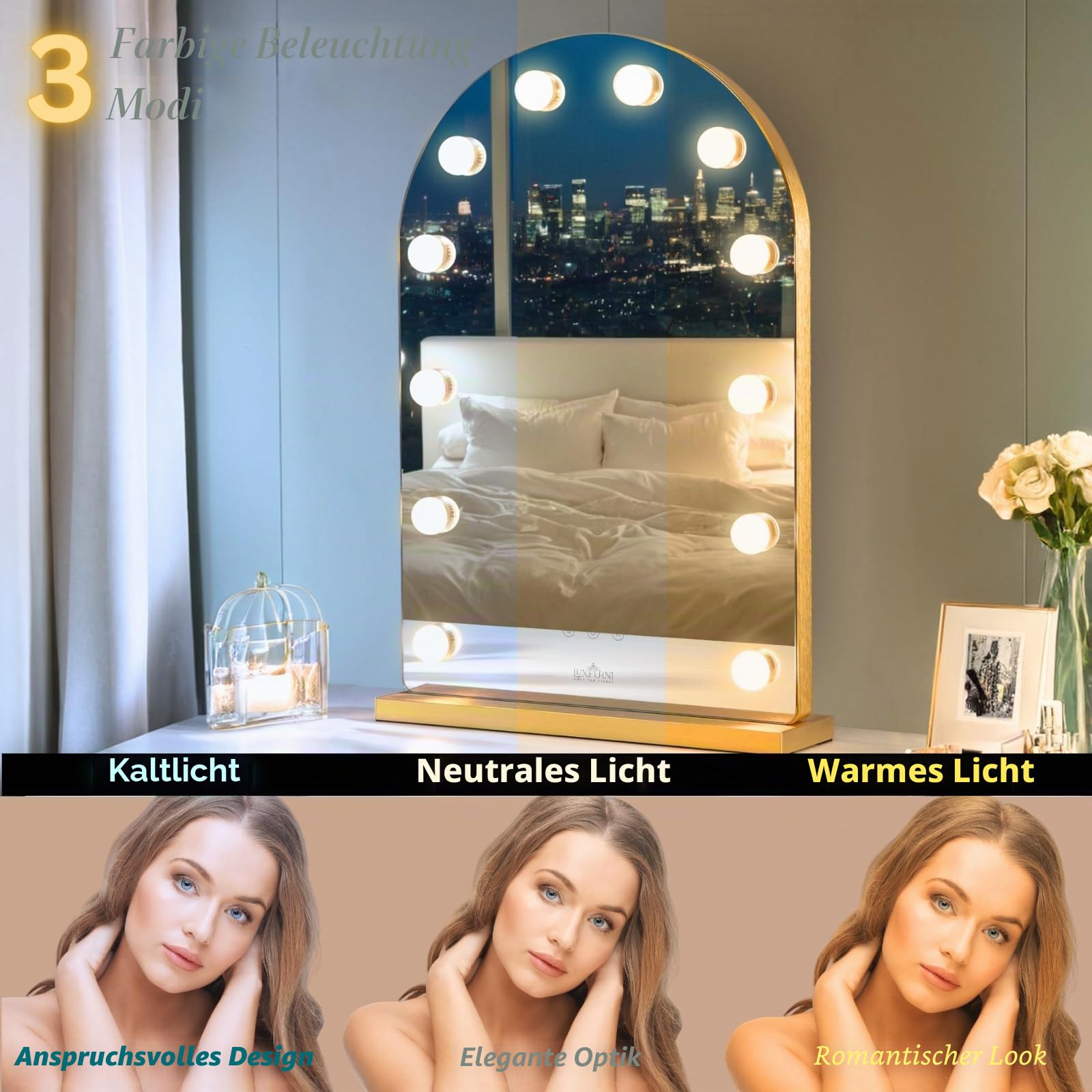LUXFURNI Hollywood‑Bogen‑Schminkspiegel mit LED‑Beleuchtung, 62,3 cm