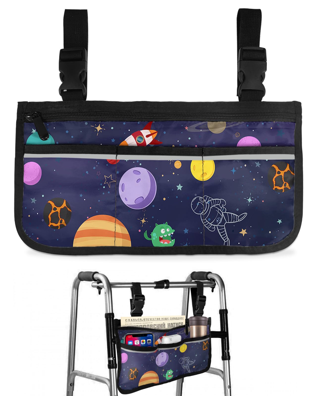 Cosmic Star Wheelchair Side Bag Walker Bag, Universe Planet Astronaut Wheelchair Accessories Armrest Pouch, Organizer Storage Bag for Walkers, Rollators, Scooters, 7.3''x13''