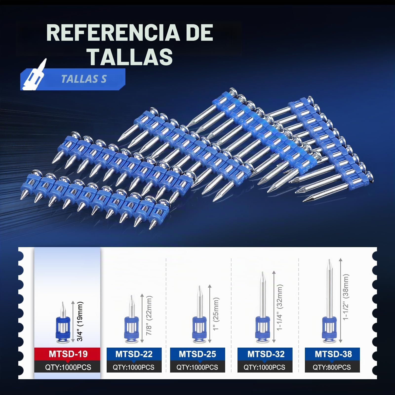 MTSD-19 12 Gauge 3/4 Inch X .109 Inch Smooth Shank Plastic Collated Concrete and Steel Drive Pin Mechanical Galvanized for Gas Power Concrete and Steel Nailer 1000 PCS/Box (1 caja) | Galvanizado grueso anticorrosión, tira plástica para carga fácil, 19mm,