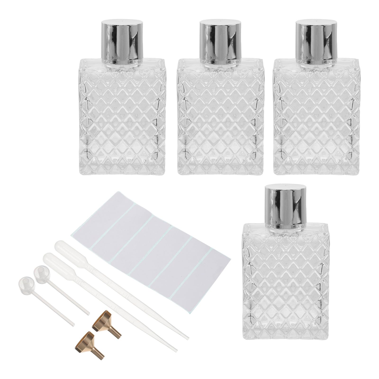 4 wielokrotnego użytku szklane atomizery do perfum, 100 ml, srebrna nakrętka i pompka rozpylająca, w zestawie lejek, słomka i naklejka, pusta butelka na zapach do podróży, na imprezy