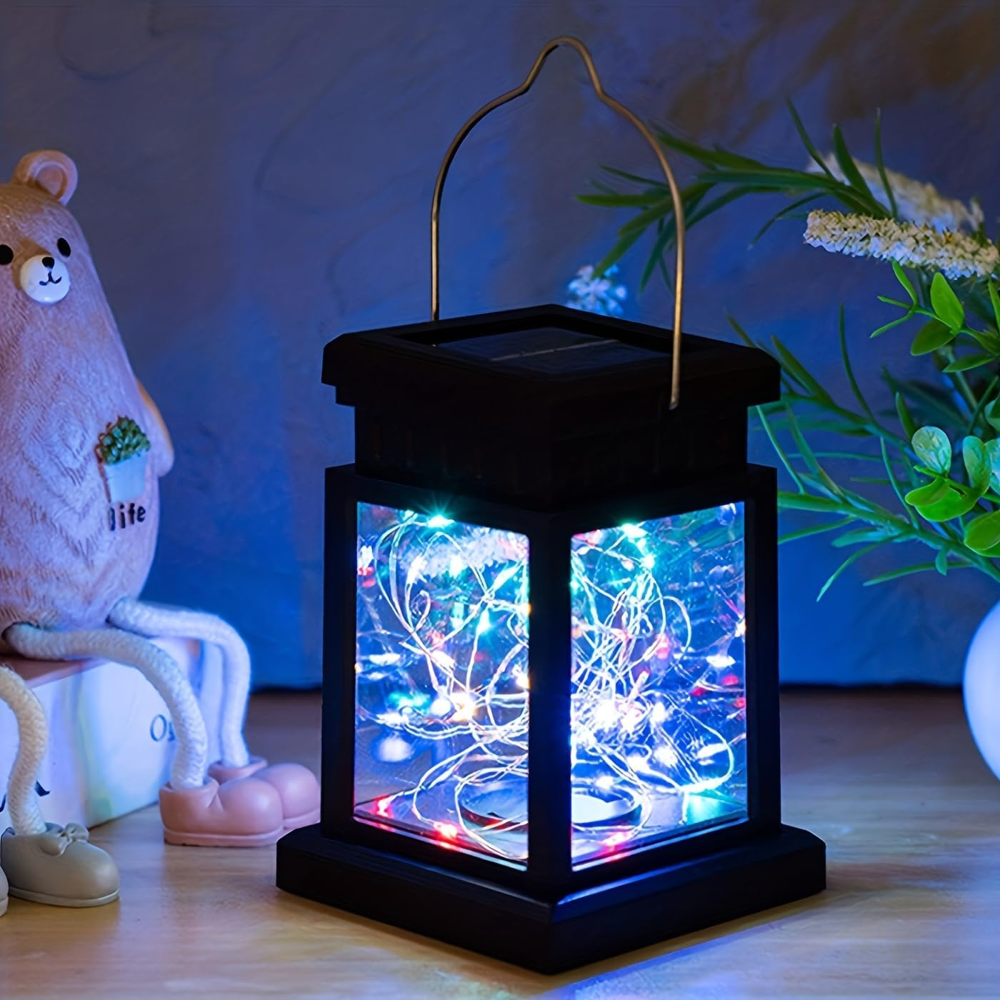 Outdoor Waterproof Hanging Garden Lights, Solar Powered LED Lantern with Fairy String Lights,Colorful Light