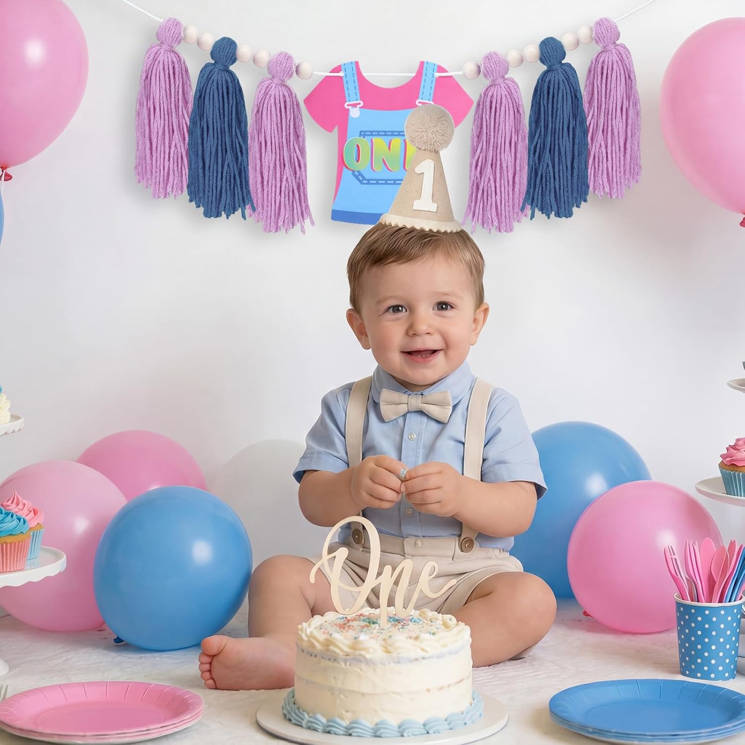 Blue Pink 1st Birthday Banner for High Chair Enlightened Teacher Party Decor Cartoon English Teachers High Chair Banner Hanging Baby Shower Decoration image 4