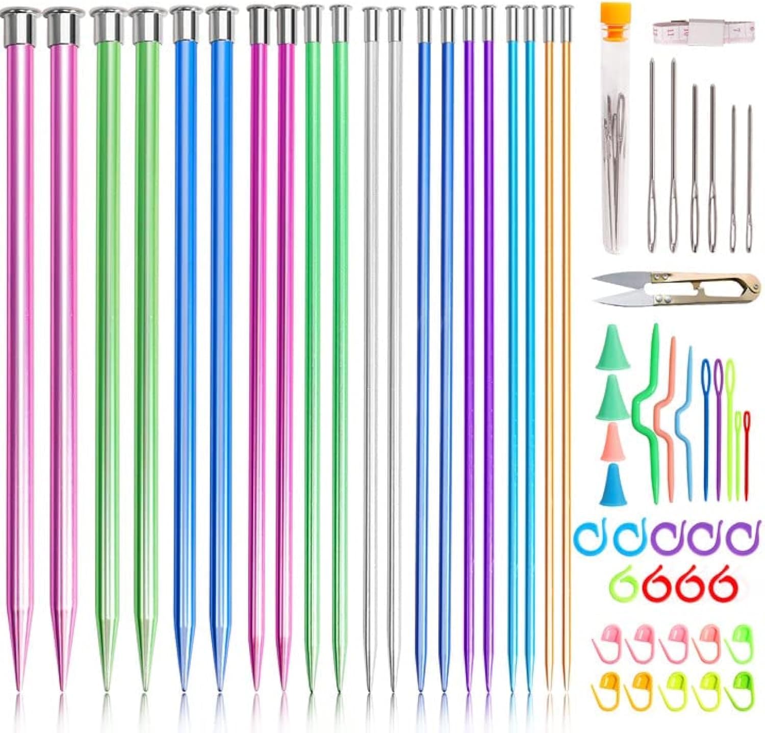 64pcs Knitting Needle Set, 20pcs Aluminum Knitting Needles Set, Colored Straight Single Pointed Knitting Needles, 10size 3.0-10mm 9.8inch Length for Handmade DIY Knitting with Knitting Accessories