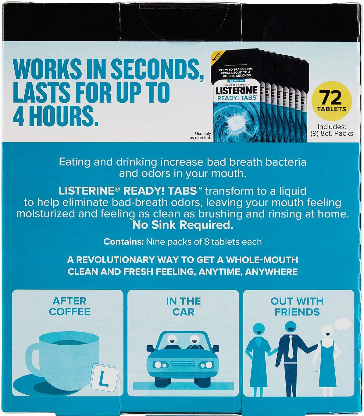 Listerine Ready! Tabs Chewable Tablets with Clean Mint Flavor, 72 ct.