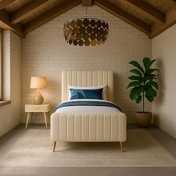 Meridian Furniture Zara Collection Modern | Contemporary Velvet Upholstered Bed with Deep Channel Tufting and Custom Gold Legs, Twin, Cream