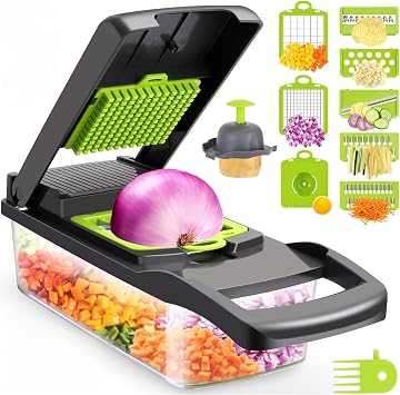 13 Piece Vegetable Chopper, Ultra Sharp Stainless Steel Blades, Large Chamber, Salad Maker, Flat, Cube Spiral Multi-Shapes Cutting, Vegetable Cutter Suitable for Home Kitchen Restaurant Workplace