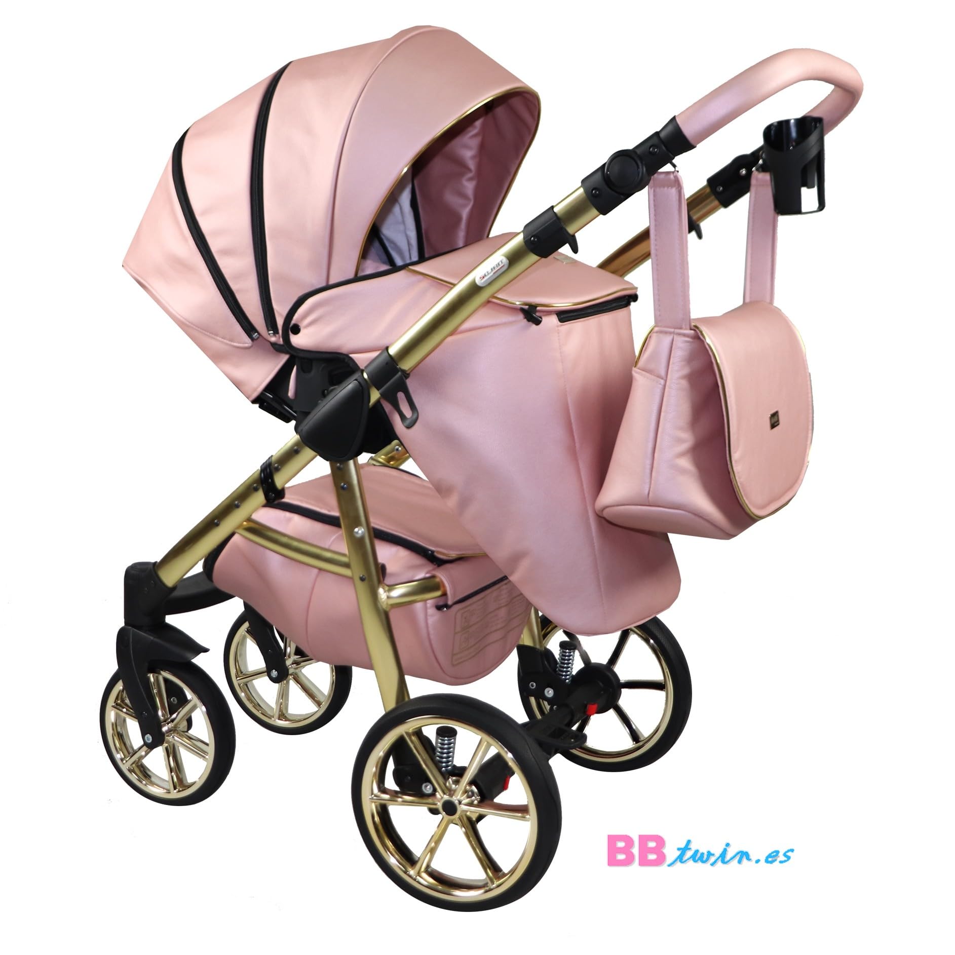 Passeggino MAMI Sojan BBtwin Trio 3in1 ecopelle e dettagli dorati argentati passeggino completo 3 pezzi (pink)