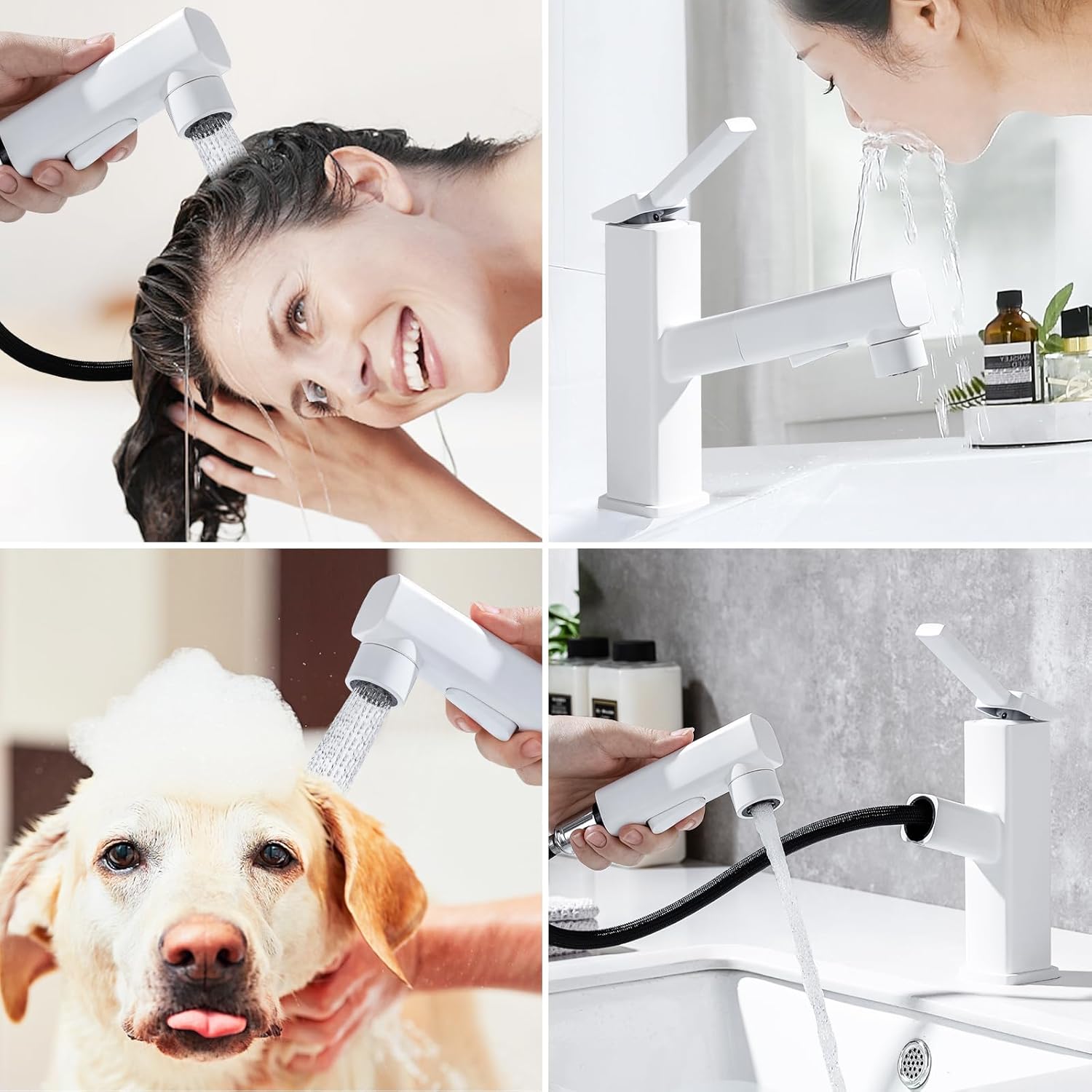 HANLIAN Single Hole Bathroom Pull Out Faucet with Rotating Spout, One Handle Faucet for Bathroom Sink, Modern Bathroom Faucet with Pull Down Sprayer, 3 Modes Vanity Faucets (White, Regular)