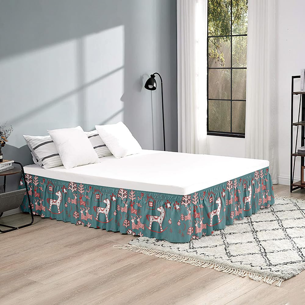 Mateju Gonna da Letto Elasticizzata Avvolgente Motivo Natalizio Matrimoniale /Singolo/Piazza e Mezzo Gonna Letto con Volant Gonna da Letto Facile da Installare da 38/45 cm (120x200x45cm,Verde