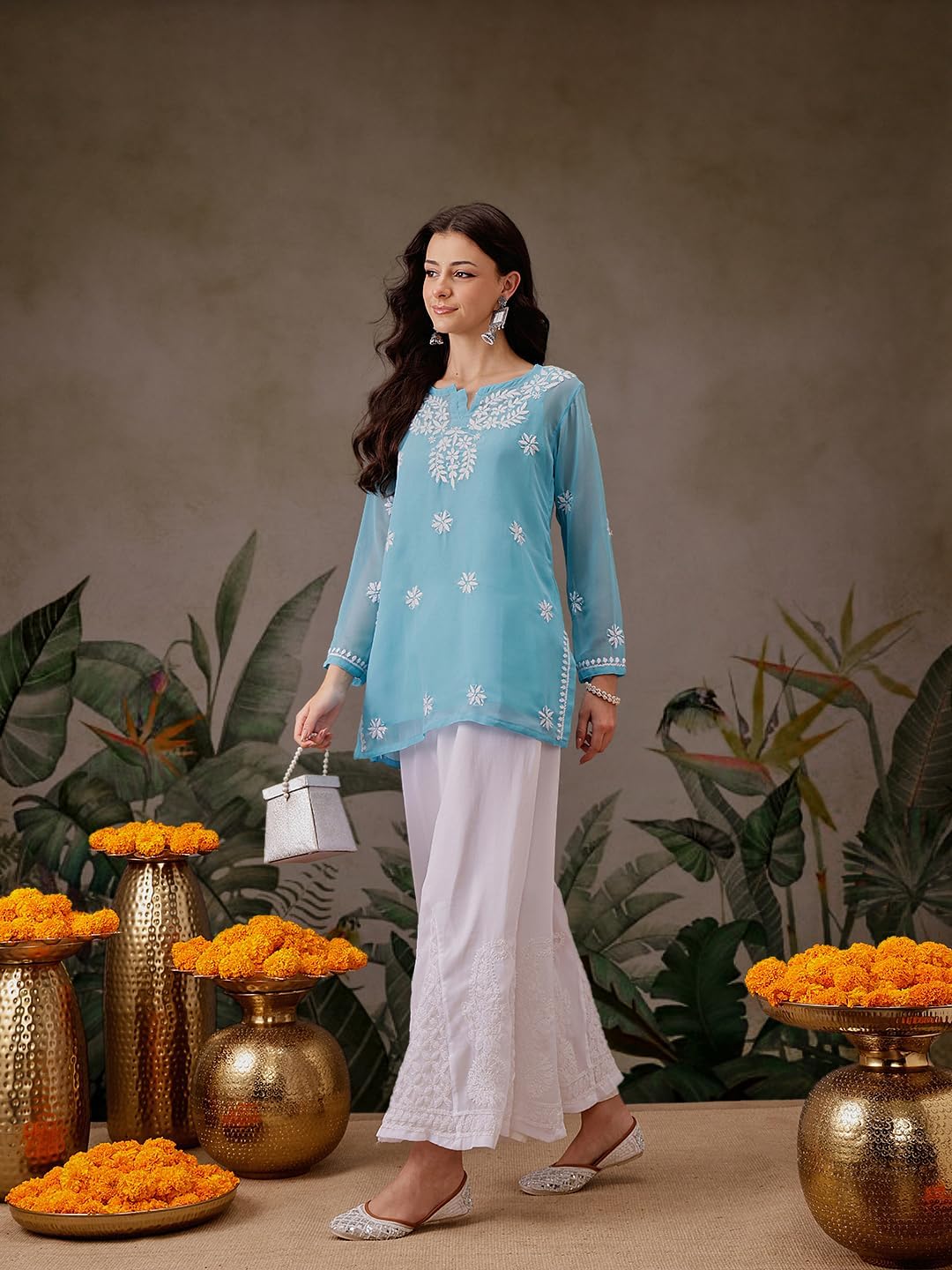 Ada Indian Hand Embroidered Chikankari Women's Georgette Kurti Top Tunic Shirt with inner A911300