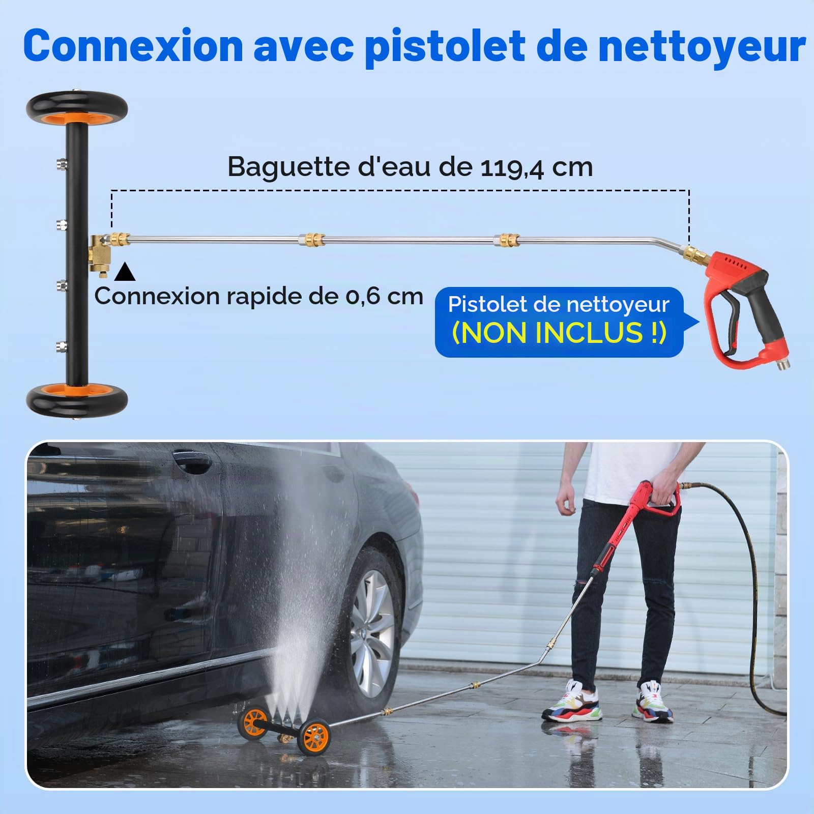 Nettoyeur de Train de Roulement 2-en-1 avec Brosse à moyeu, 16 Pouces | Balai à Eau de Lavage de Voiture, Nettoyeur Haute Pression, Nettoyeur de Surface 1200-4000 PSI
