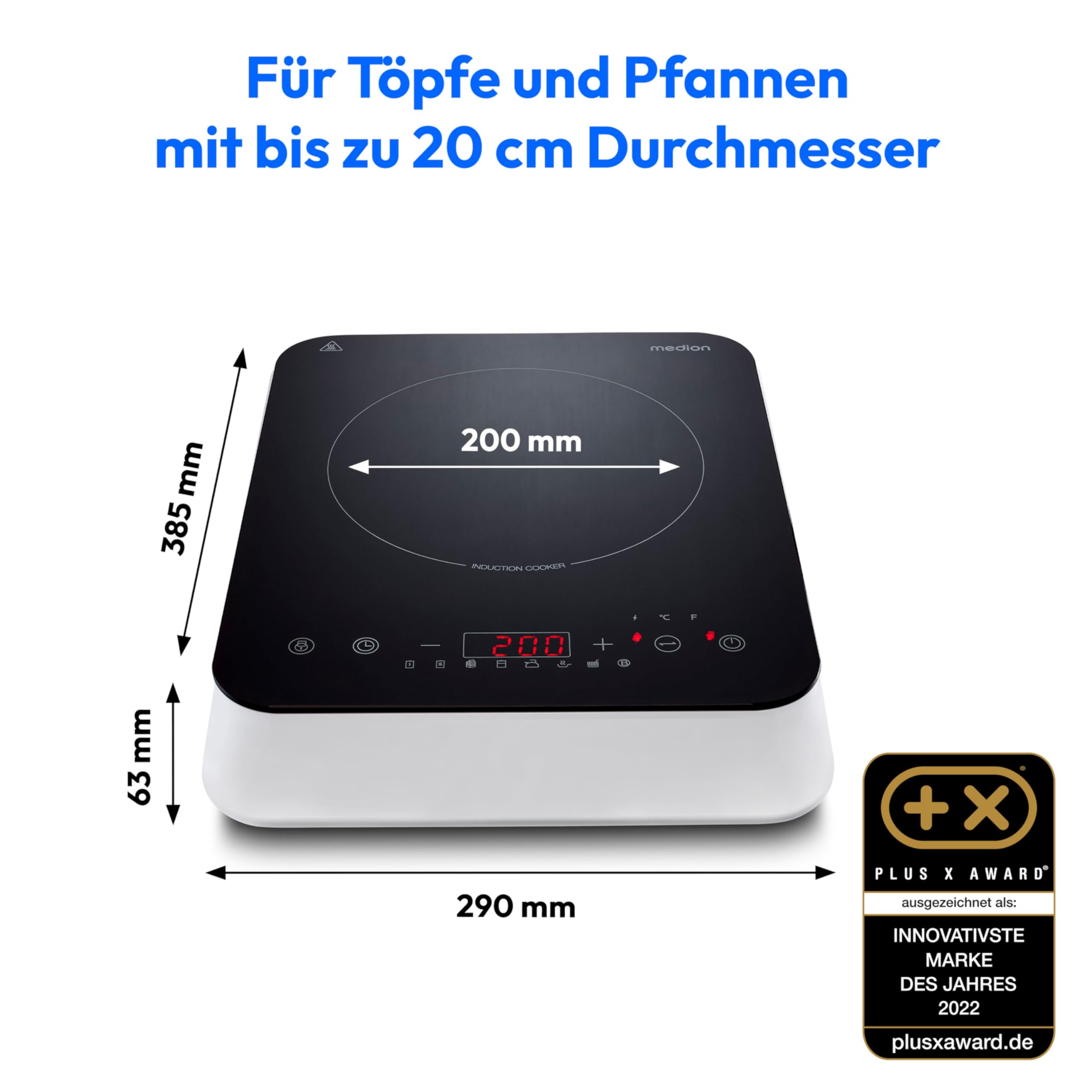 MEDION Induktionskochfeld 20 cm 2000 Watt 10 Temperaturstufen Topferkennung Kristallglasplatte