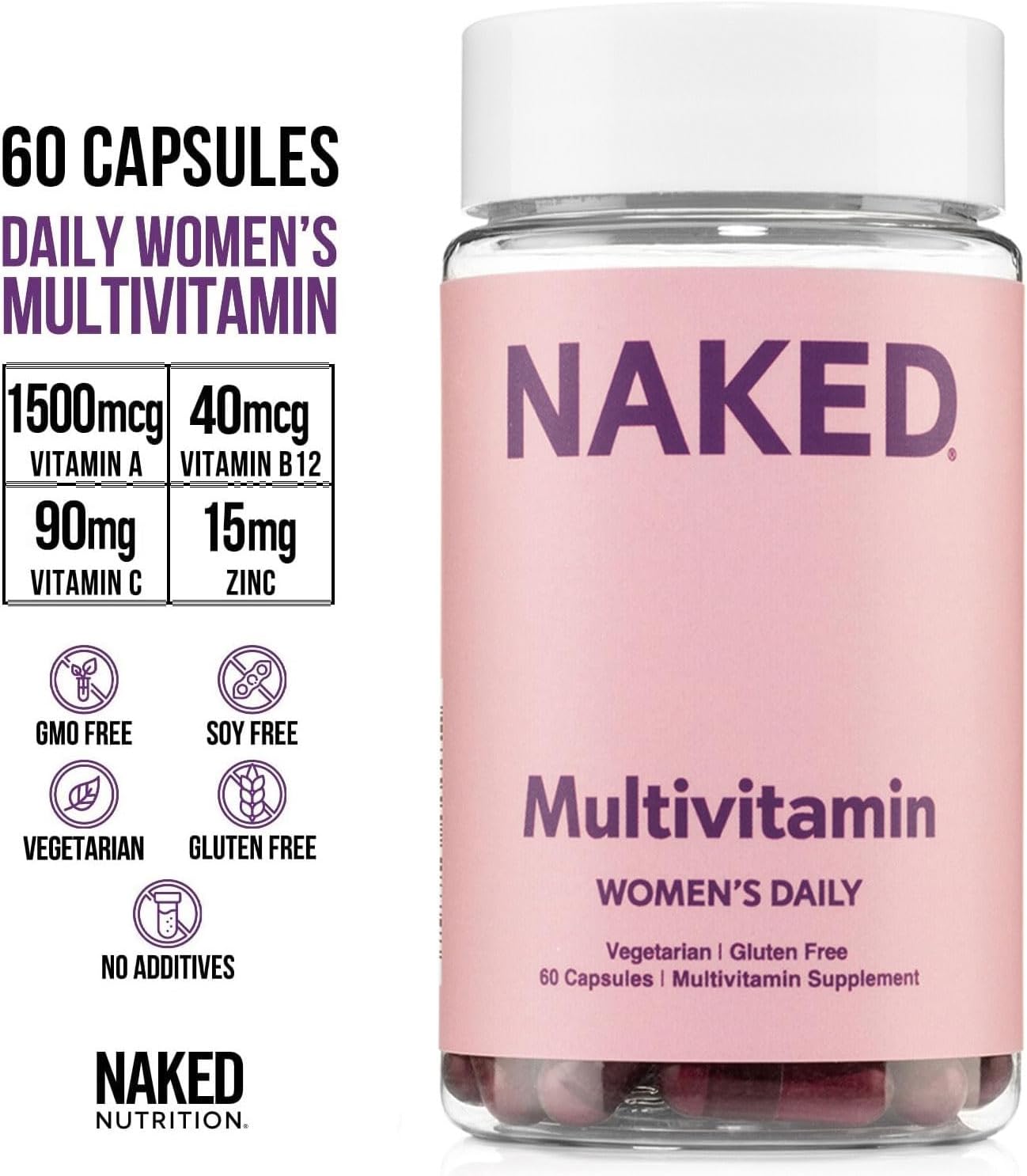 NAKED Nutrition Women's Multi - Daily Multivitamin - Vitamins A, C, E, Selenium, Zinc, Fruit and Super Green Extracts, to Boost Immune Support - Gluten-Free and Vegetarian Vitamins, 60 Capsules