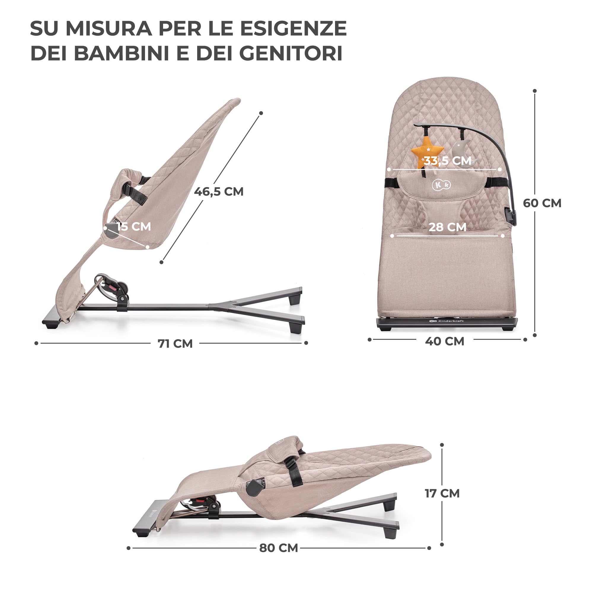Kinderkraft Sdraietta MIMI, Dondolo Neonati, Regolazione dello schienale, Giostrina con Giocattoli, Ottima per viaggi, Beige