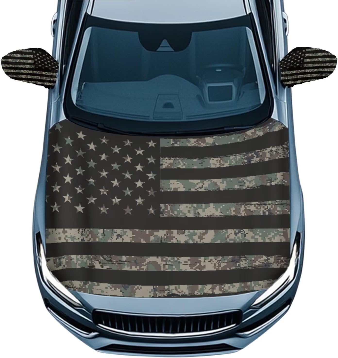 3 Pcs Camo American Flag Car Hood Cover with Side Mirror Anti Theft Cover,Camouflage Auto Cloth Cars Decorations American Accessories Set,Universal Fit Cars Sedan Truck SUV Pickup