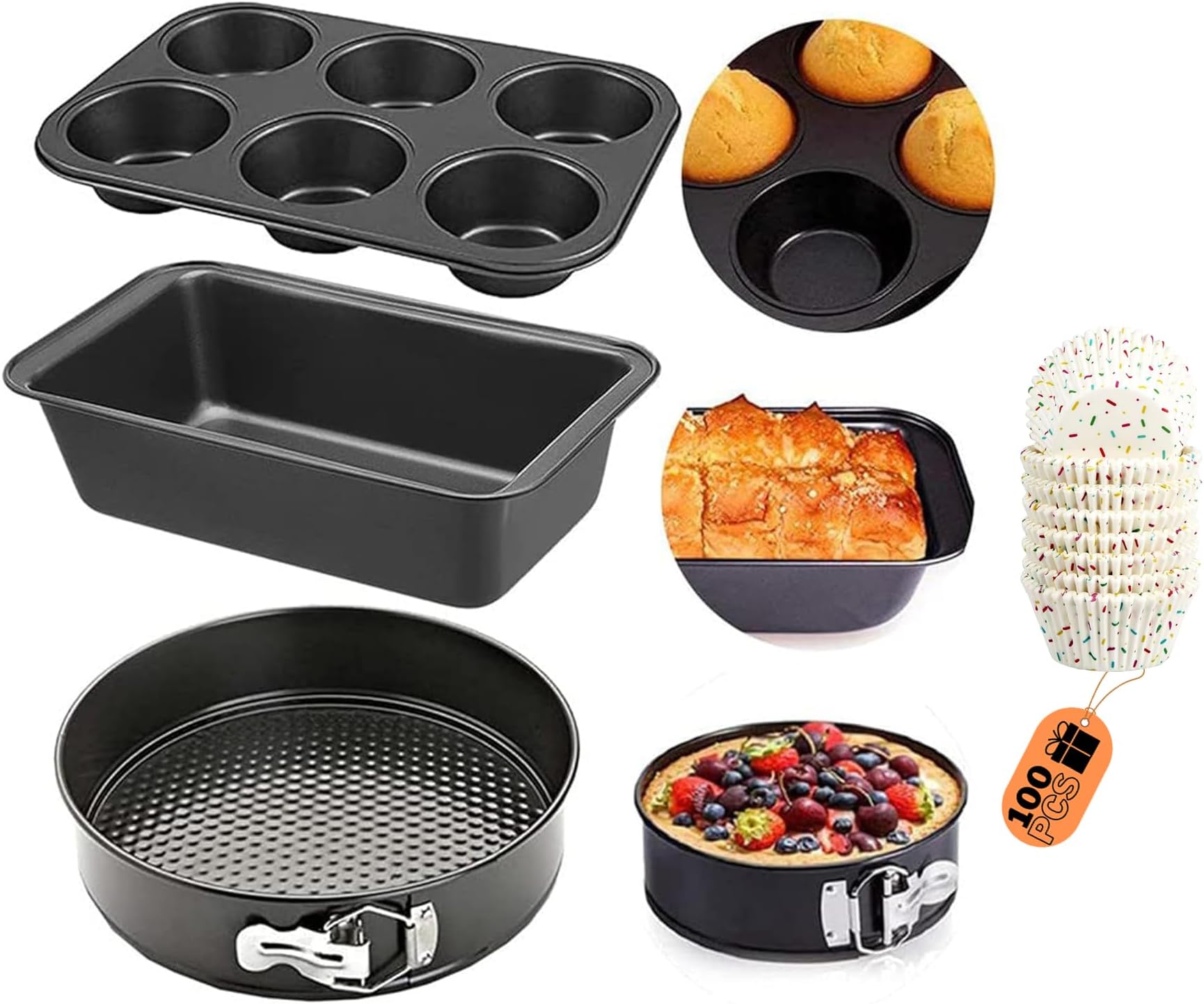Curated Cart 4Pcs Baking Combo Set | Non-Stick Springform Cake Tin, Bread Loaf Pan & 6 Cup Muffin Tray & 100 Liners | Oven OTG Microwave Air Fryer Safe | Carbon Steel Bakeware Set for Cake & Cupcake