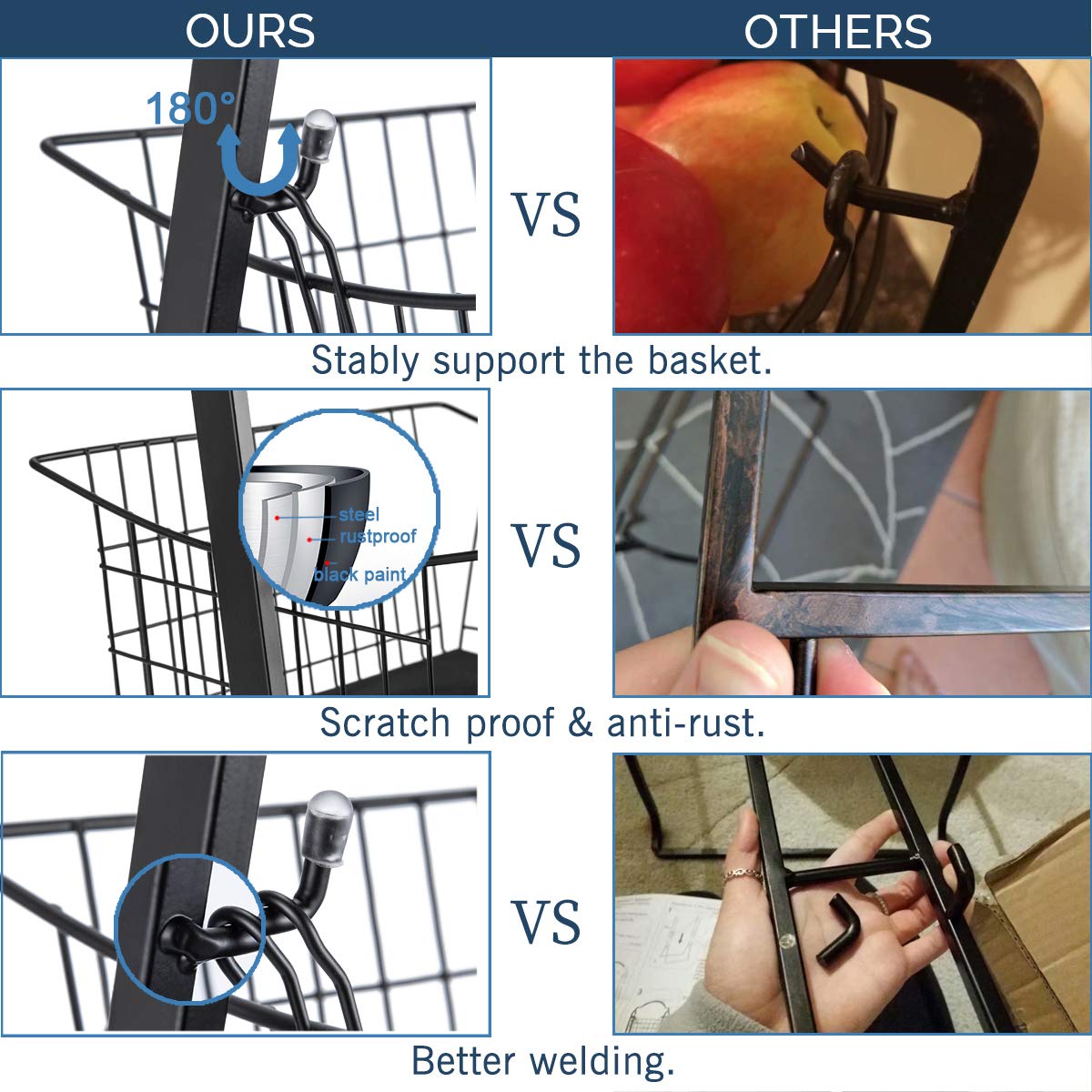 RUHATA 4Tier Wire Baskets for Organizing Fruit Basket Stand with Pads