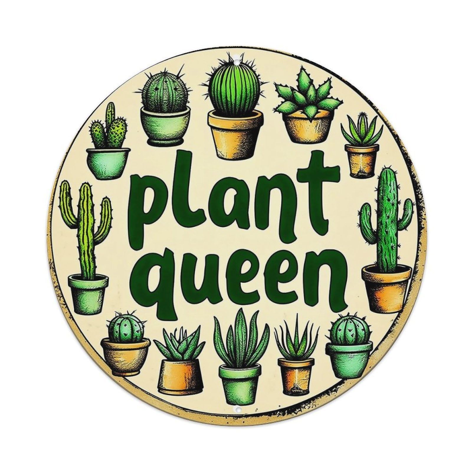 Plant Queen Cactus Pattern Print Round Tin Sign Vintage Metal Sign Home Bar Garden Indoor & Outdoor Wall Decor Retro Metal Poster 8x8 Inch