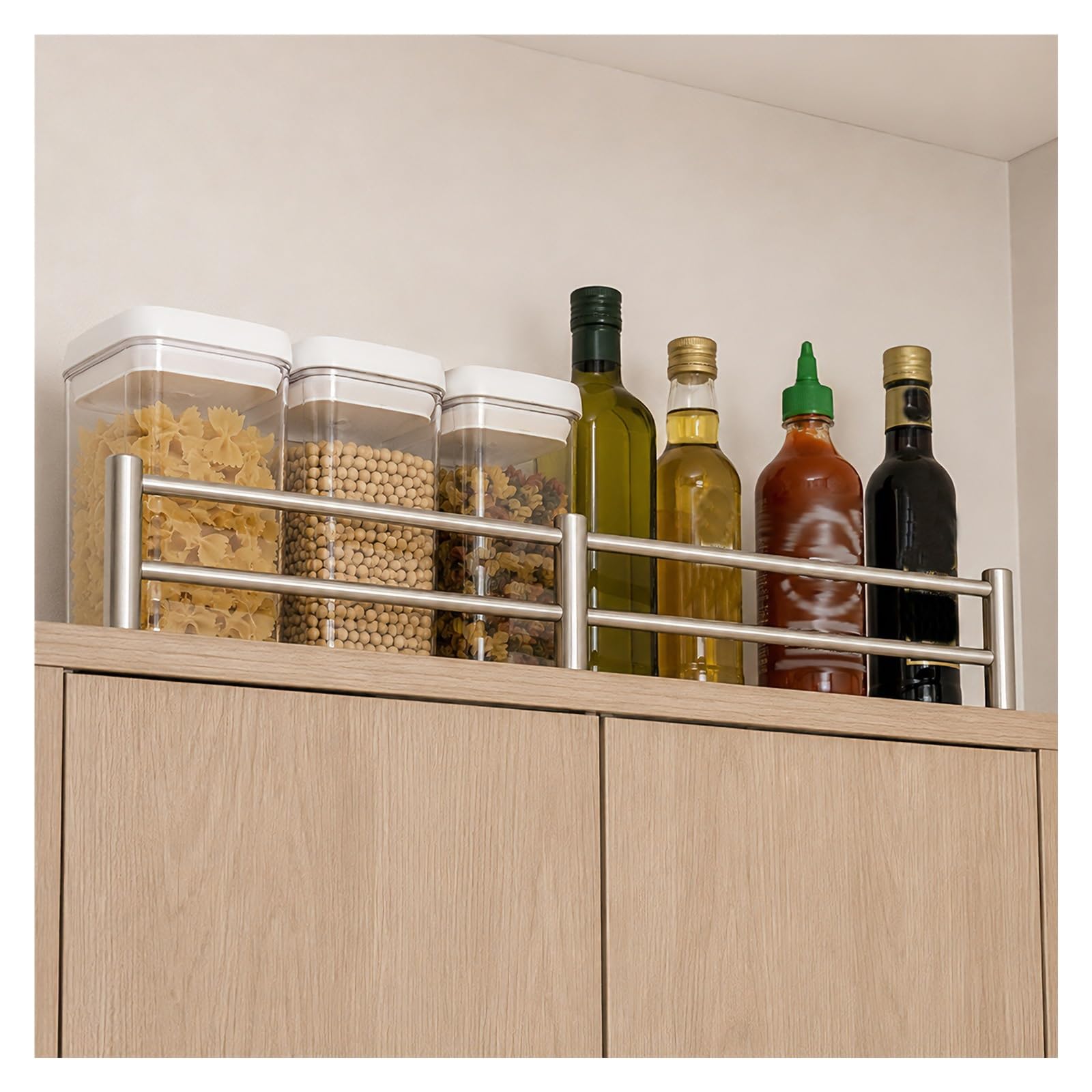 AMUFJJ Storage Shelf Safety Rail Fence Set, 2-tiers Front Retaining Guardrail for Cupboard/Hanging Shelving, Easy Install Shelf Protector Rail(H 2" (5cm),L 52in (132cm))